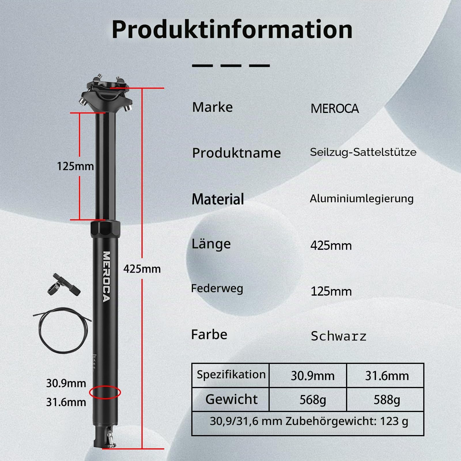 Dropper Sattelstütze für Mountainbike, 30,9/31,6 mm Fahrradsattelstütze, 125 mm Reise, Aluminiumgehäuse, mit Fernbedienungshebel und Kabelsatz, MTB/E-Bike interne Routing