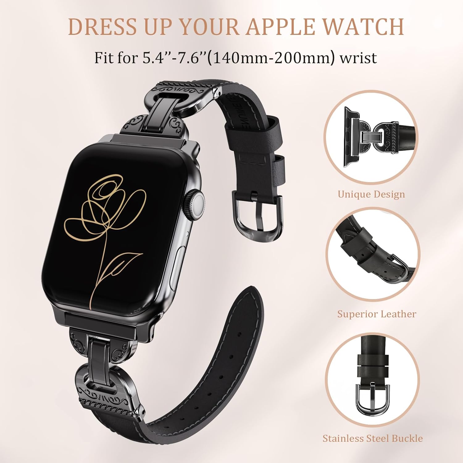 Slim Leather Band Compatible with Apple Watch Bands Women 38/40/41/42mm Dressy Slim Leather Strap with Designer Interlock Buckle Bracelet for iWatch Series 10/9/SE/8/7/6/5/4/3/2/1 Black - Image 2