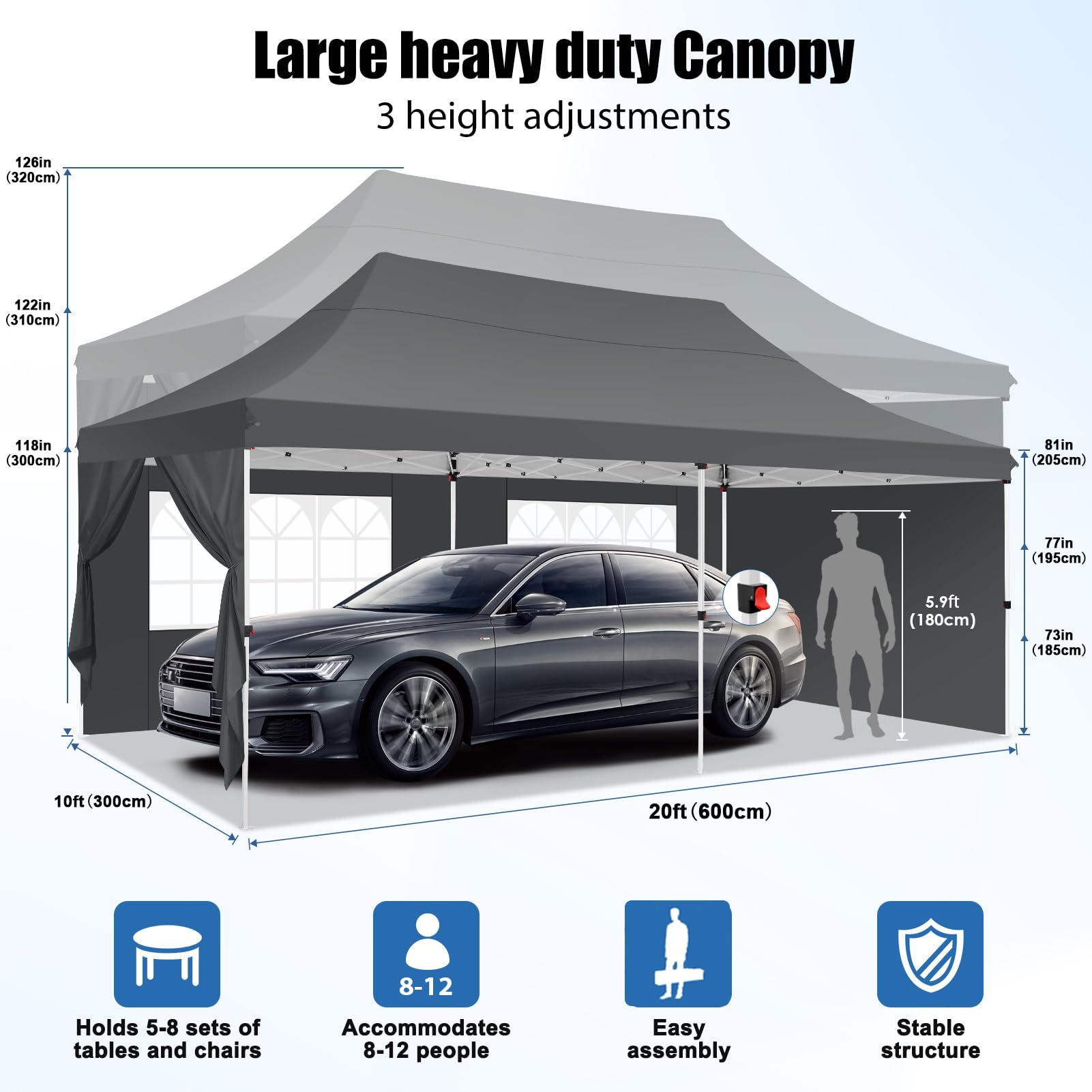 COBIZI Tonnelle Pliante 3x6m Tonnelle de Jardin Imperméable Barnum Pliant avec 6 Parois Latérales UV Protection 50+ Tonnelle de Jardin pour Plage,Mariage,Camping, Gris