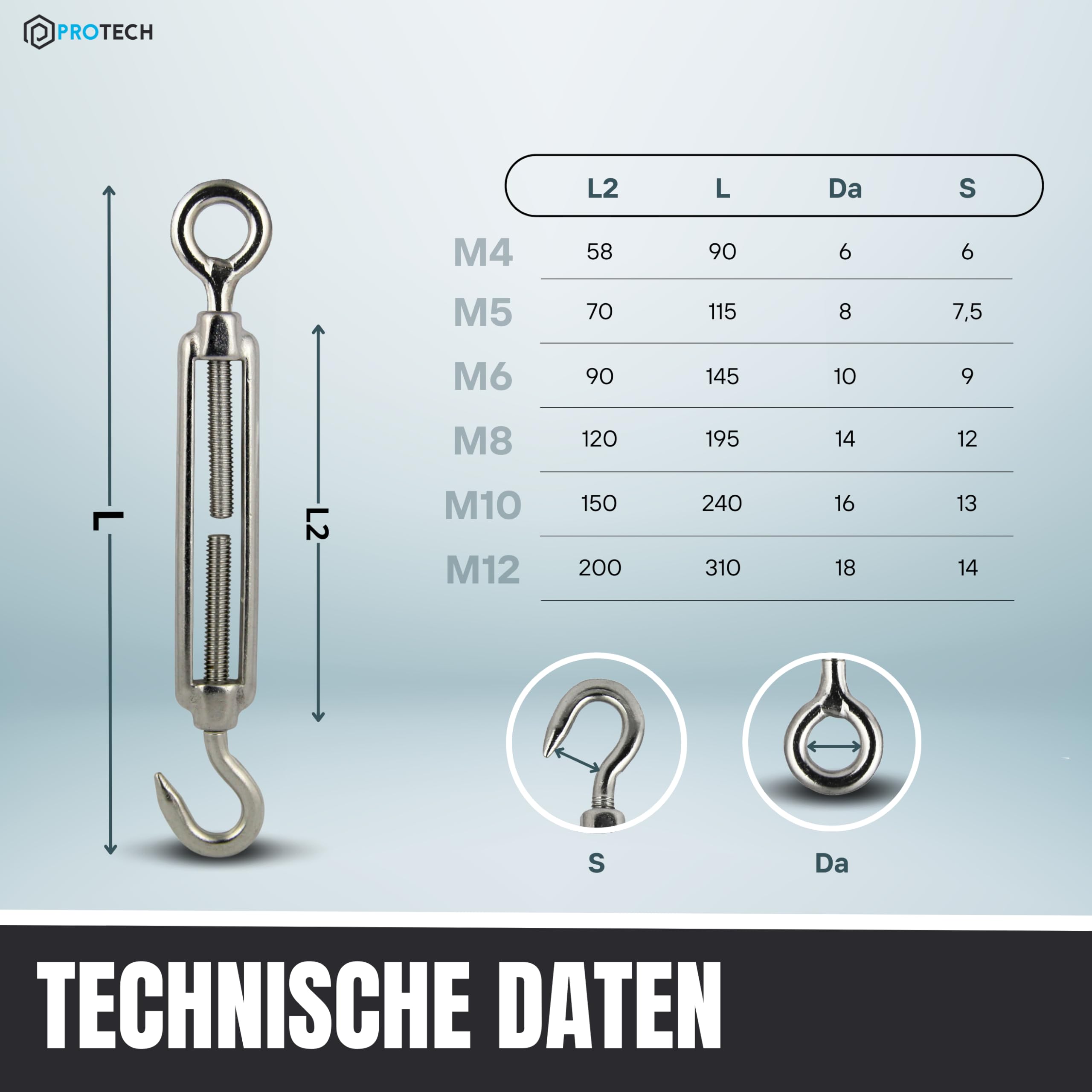 PROTECH 10 Stück Drahtspanner M12 Edelstahl A4 rostfreier V4A Drahtseil Spanner Spannschlösser Seilspanner Spannhaken Spanner für Seil