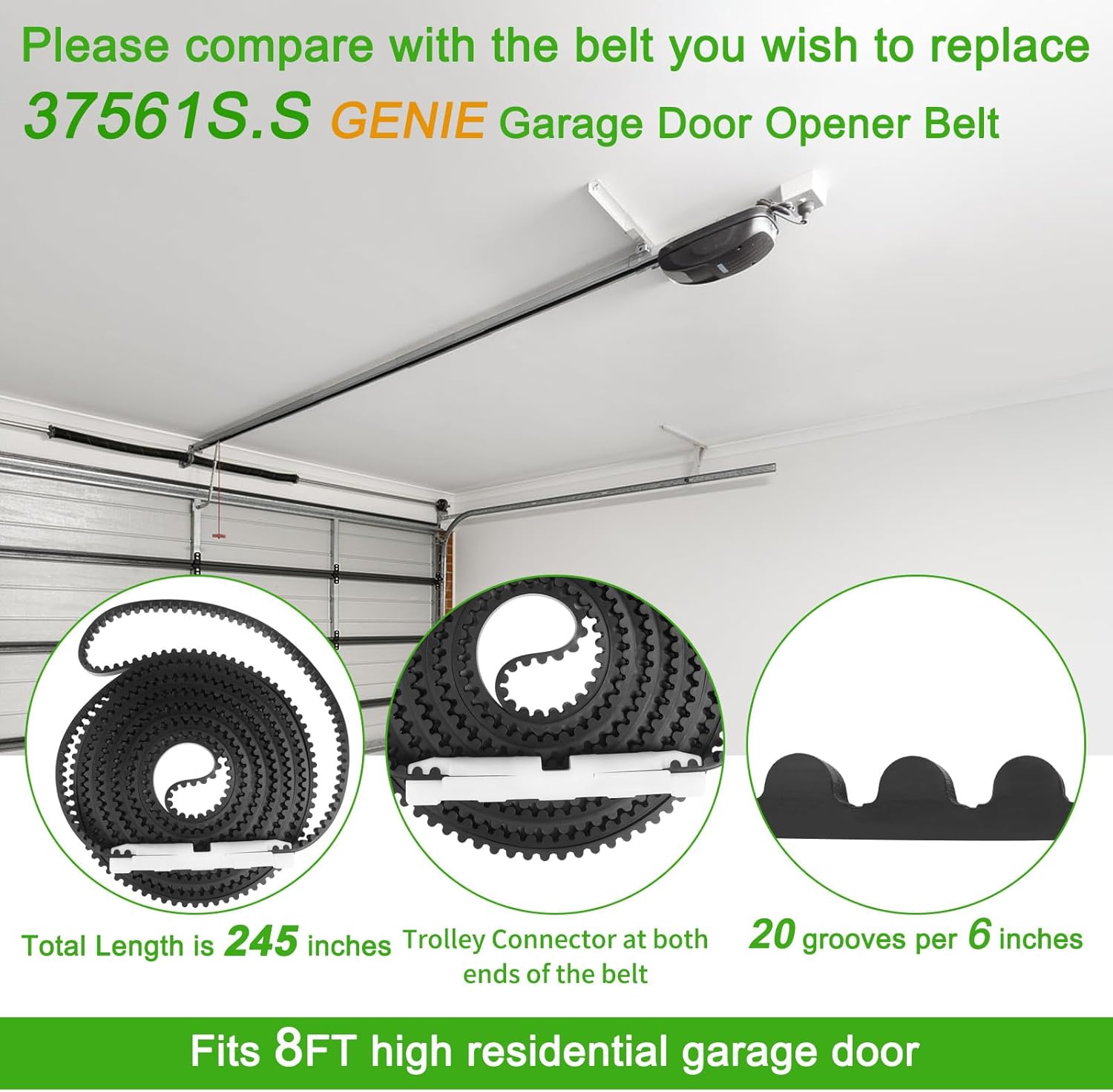 37561S.S Belt 245" Stable for 8 FT Genie Garage Door Opener 1028, 1128, 2028, 2128, 3020, 3120, 3042, 3024, 4042, 4024, SilentMax, IntelliG, ReliaG (37561S.S 245" 8 FT Genie Garage Door Opener Belt)