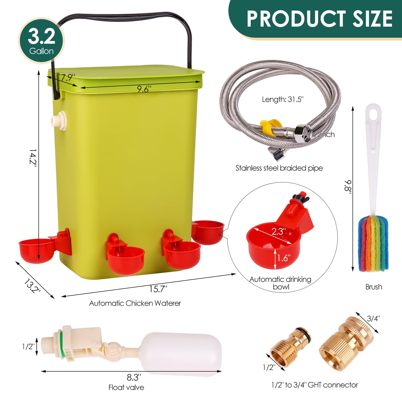 Regadera automática de pollo con válvula flotante, bebedero colgante de 3.2 galones con 6 tazas de agua, dispensador de agua grande de codorniz, pavo, ganso, gallinero