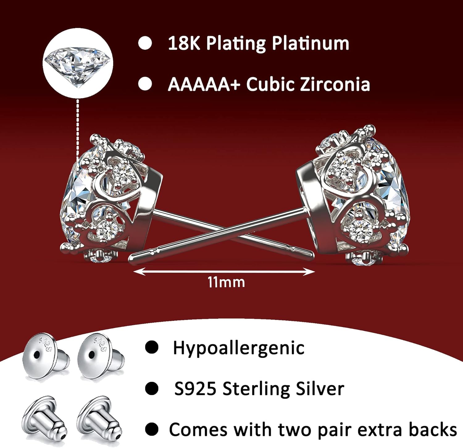 18k White Gold Plated 925 Sterling Silver Pure Brilliance Cubic Zirconia Stud Earrings Round Cut Simulated Diamond CZ Stud Earrings Fine Jewelry for Women Men - Image 6