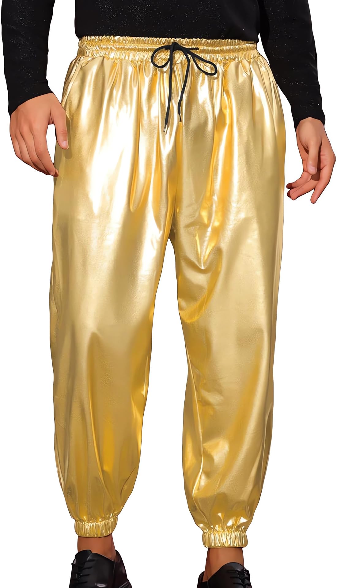 Men's Shiny Trousers Metallic Drawstring Waist with Pockets Full Length