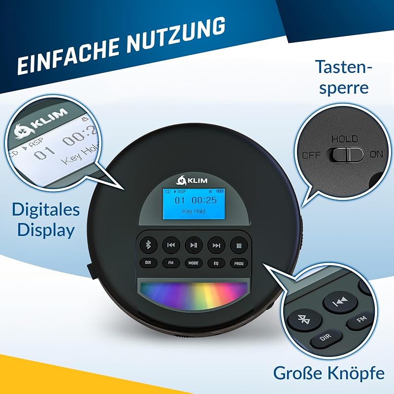 CD player portabil KLIM Nomad cu Bluetooth, radio FM, card TF de 16 GB, cititor de carduri TF, MP3, CD-R, CD-RW, negru, pentru mașină, cu căști