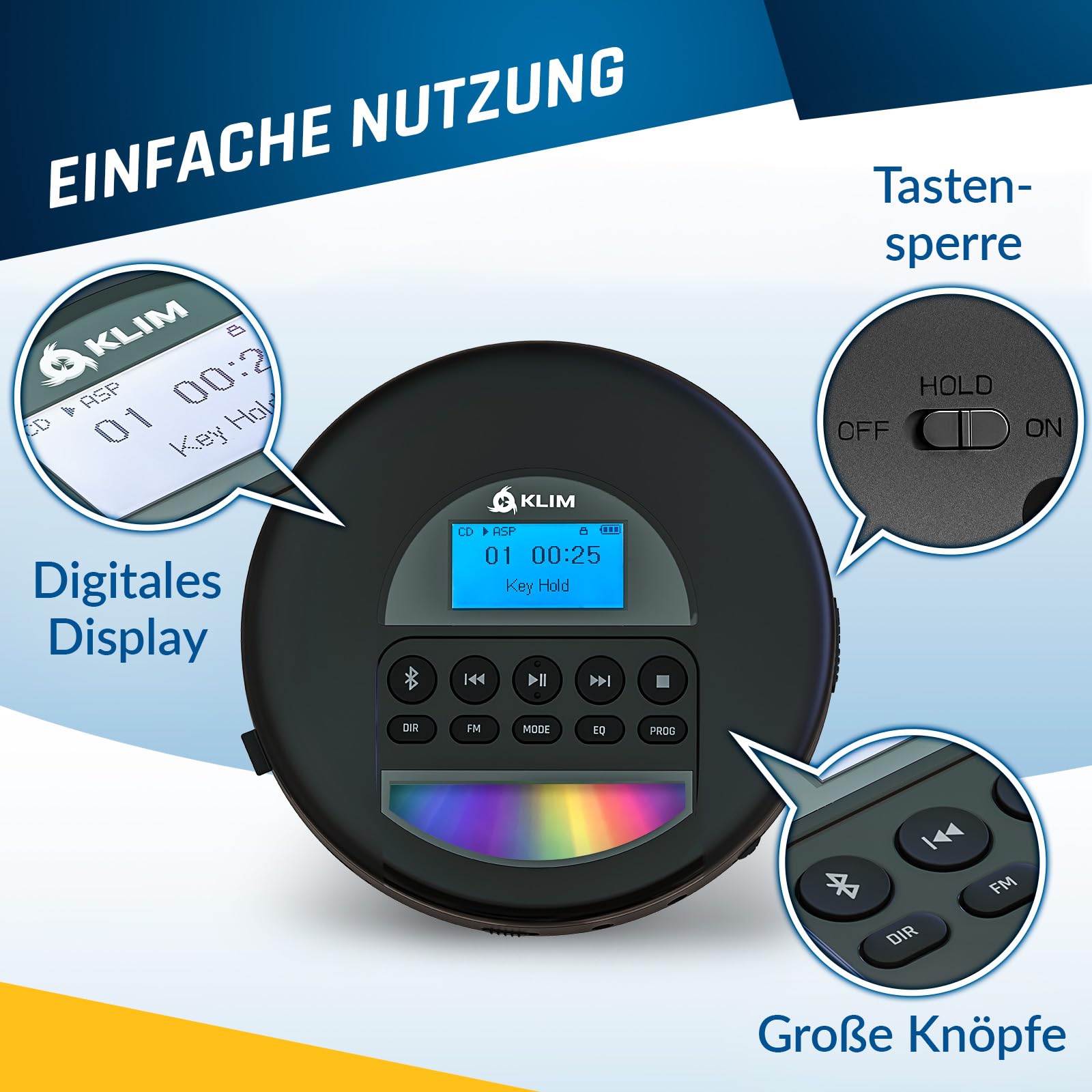 KLIM Nomad CD Player Bluetooth - Tragbarer CD-Player mit langlebigem Akku - Inklusive Kopfhörer - 16GB TF Card - CDR, CDRW, MP3 - Mit TF-Reader, Radio FM - Ideal für Autos - Portable Diskman - Schwarz