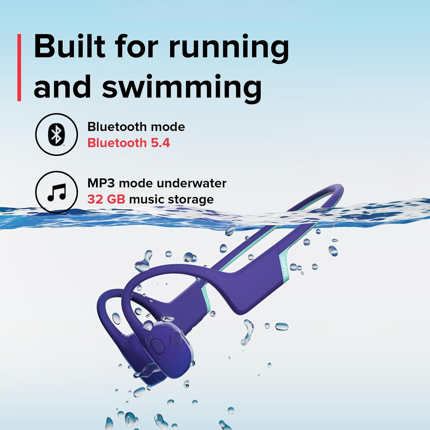 SUUNTO Aqua Light Swimming Open-Ear Bluetooth Headphone, 32GB MP3 Player for Running, Bone Conduction Headphone w/Dual-Mic, IP68 Waterproof, 10H Playtime & APP Support, 28g Lightweight, Reef Blue - Image 2