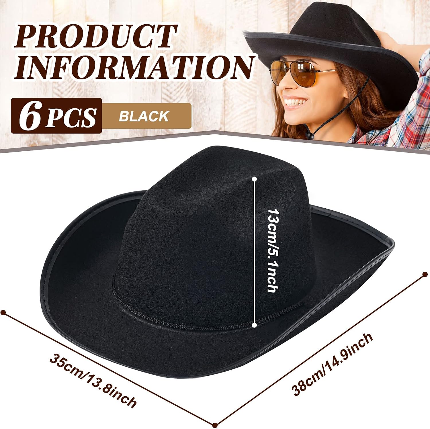Janmercy 6 Pcs Bulk Cowboy Hats Western Hat Cowgirl Hat with Adjustable Drawstring for Wedding DIY Bachelorette Dress Up(Simple Black)