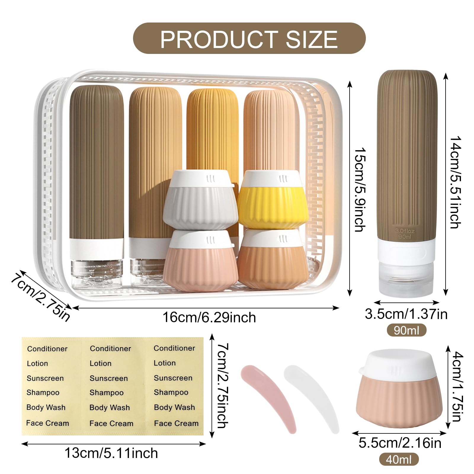 Marjoramy 8 Pack Travel Bottles for Toiletries Silicone Travel Bottles Set including Clear Zipper Toiletry Bag,Silicone Travel Toiletries with Lable for Shampoo Conditioner Lotion Body Wash (brown) - Image 2