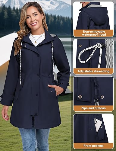 RITOSTA Dames Waterdichte Jassen met Capuchon Lichtgewicht Regenjassen Dames Windjack met Zakken Lange Regenjas Functionele Outdoor Jas voor Wandelen Camping Hiken Fietsen, marineblauw, L