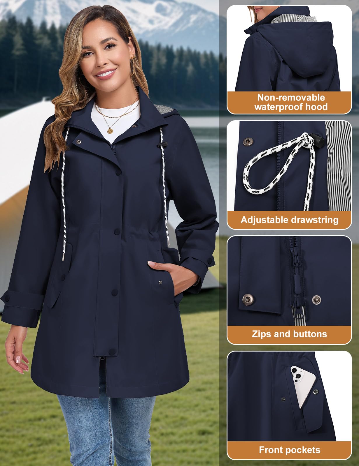 CMTOP Giacca Impermeabile Donna Cappuccio Antivento Trench Traspirante Leggero Parka, Lungo All'aperto Cappotto Per Primavera e Autunnale Ripiegabili Softshell Raincoat