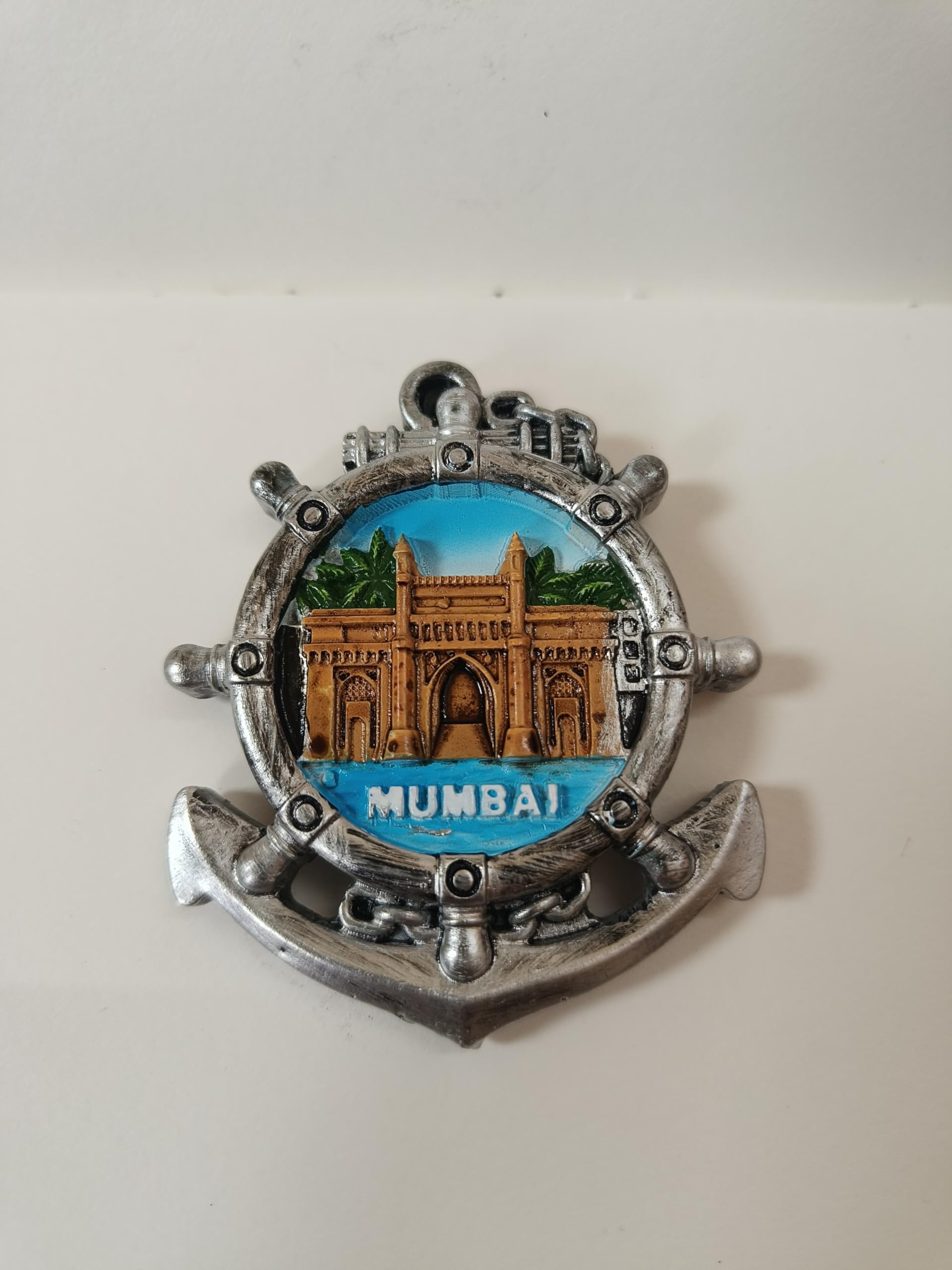 Anchor Shaped Ceramic Fridge Magnet with Gateway of India Design, Blue and Green