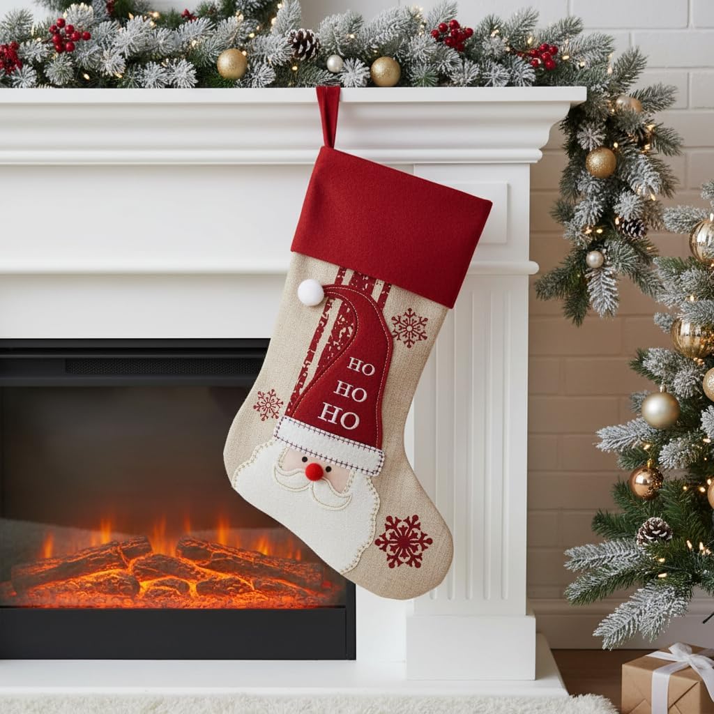 Comfy Hour 18"x11" Santa Claus Christmas Stocking, Rustic Antique Vintage Figurine Style Home Decor, HO HO HO Snowflake Indoor Mantel Decoration
