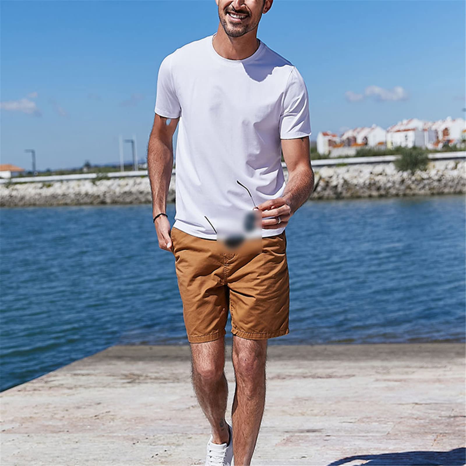 Kelsiop Camiseta de algodón de manga corta para hombre, ajuste delgado, color sólido, cuello redondo, elástico
