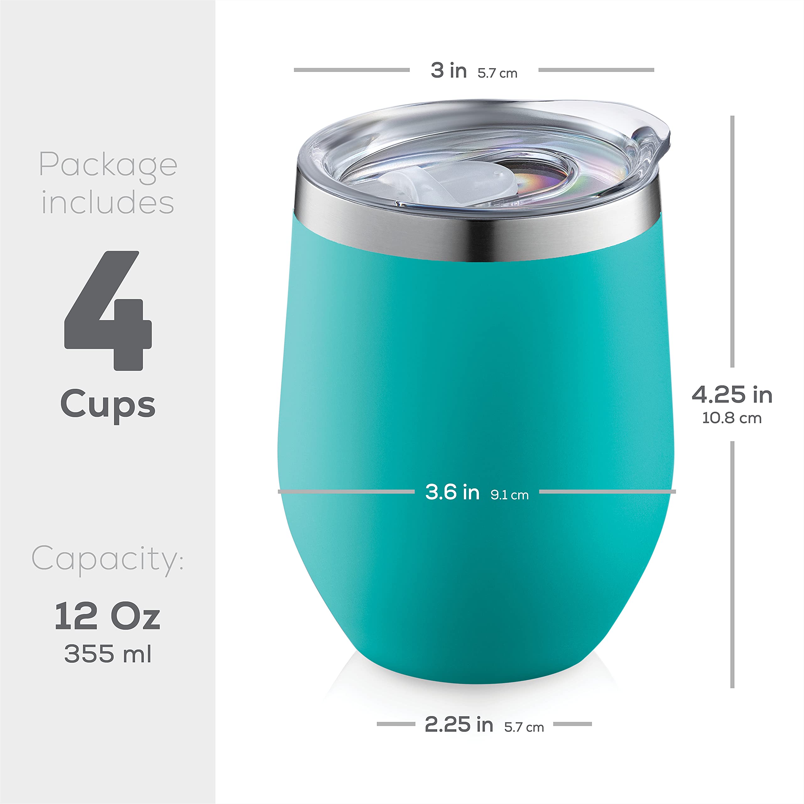 FineDine Lot de 4 verres à vin à triple isolation avec couvercle en acier inoxydable – Garde les boissons chaudes et froides pour l'extérieur, la plage, les pique-niques – Verres incassables avec