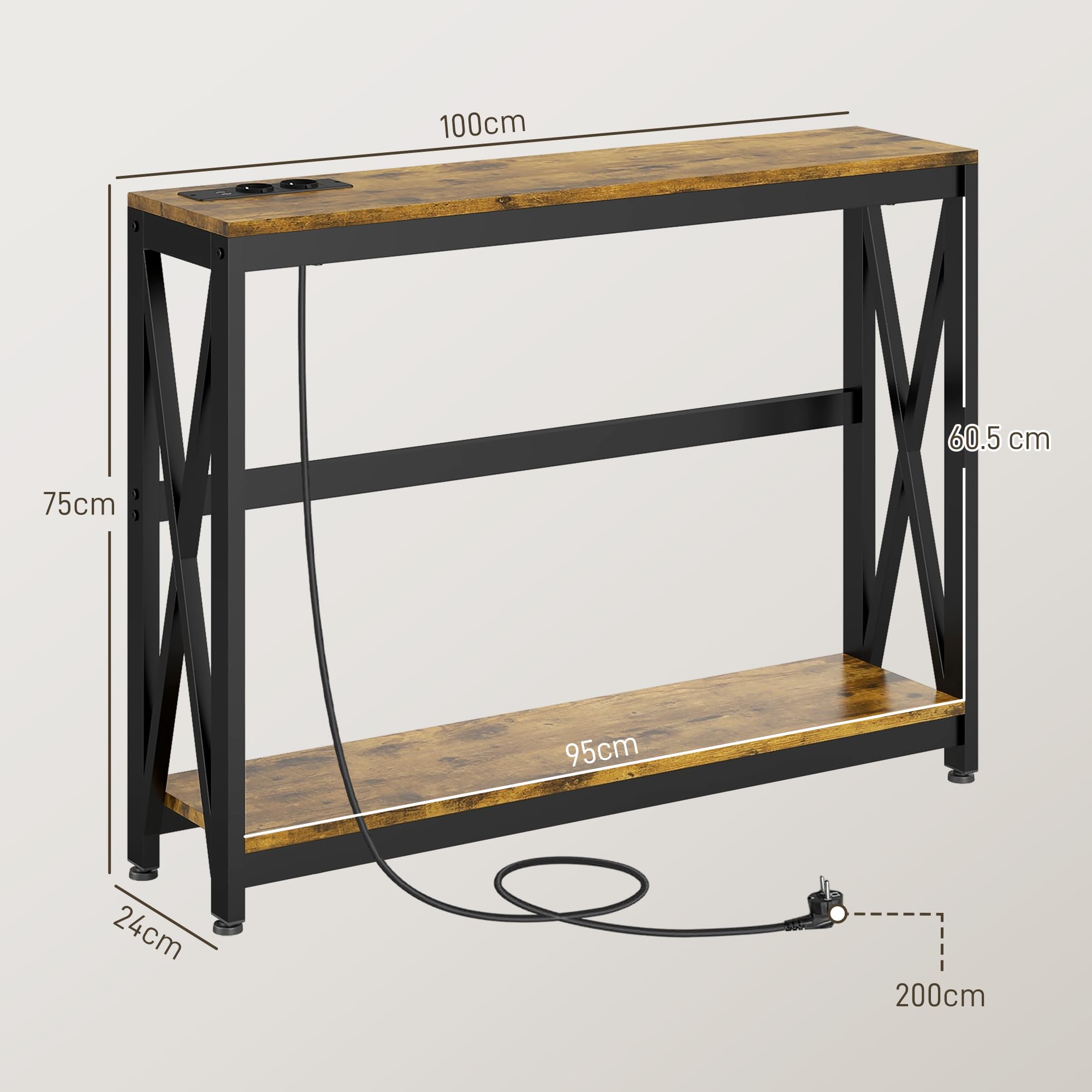 HOMCOM Mesa Consola Industrial con 2 USB 100x24x75 cm Marrón Rústico | Estación de Carga, Mesa de Entrada de 2 Niveles, Marco de Acero, Mueble de Recibidor, para Salón Pasillo