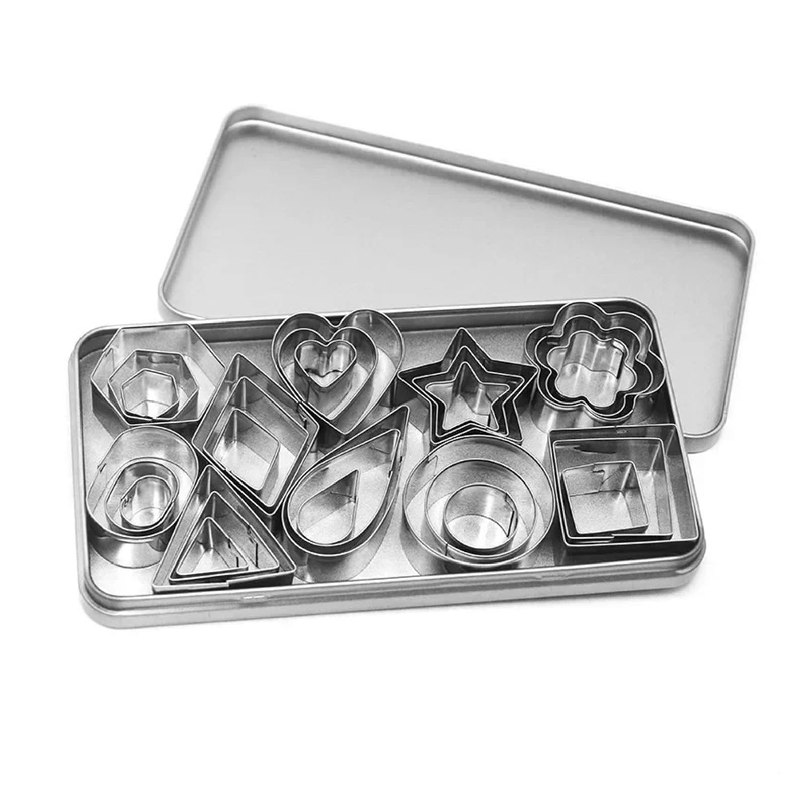 30 Stück Edelstahl-Kuchenform mit Box, Herz, Stern, Blumenform, Ausstechformen, Schokoladenformen, Fondant, Kekse, Gebäck, Backformen