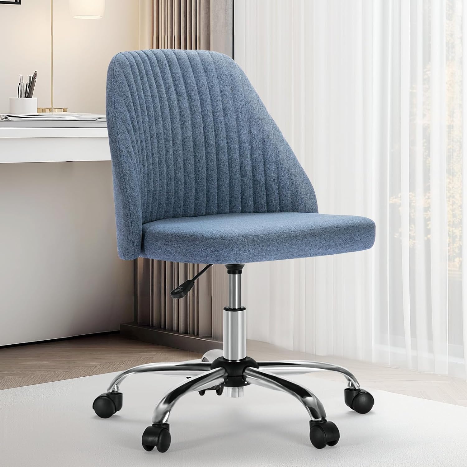 Sweetcrispy Armless Office Chair, Modern Fabric Home Office Desk Chairs with Wheels