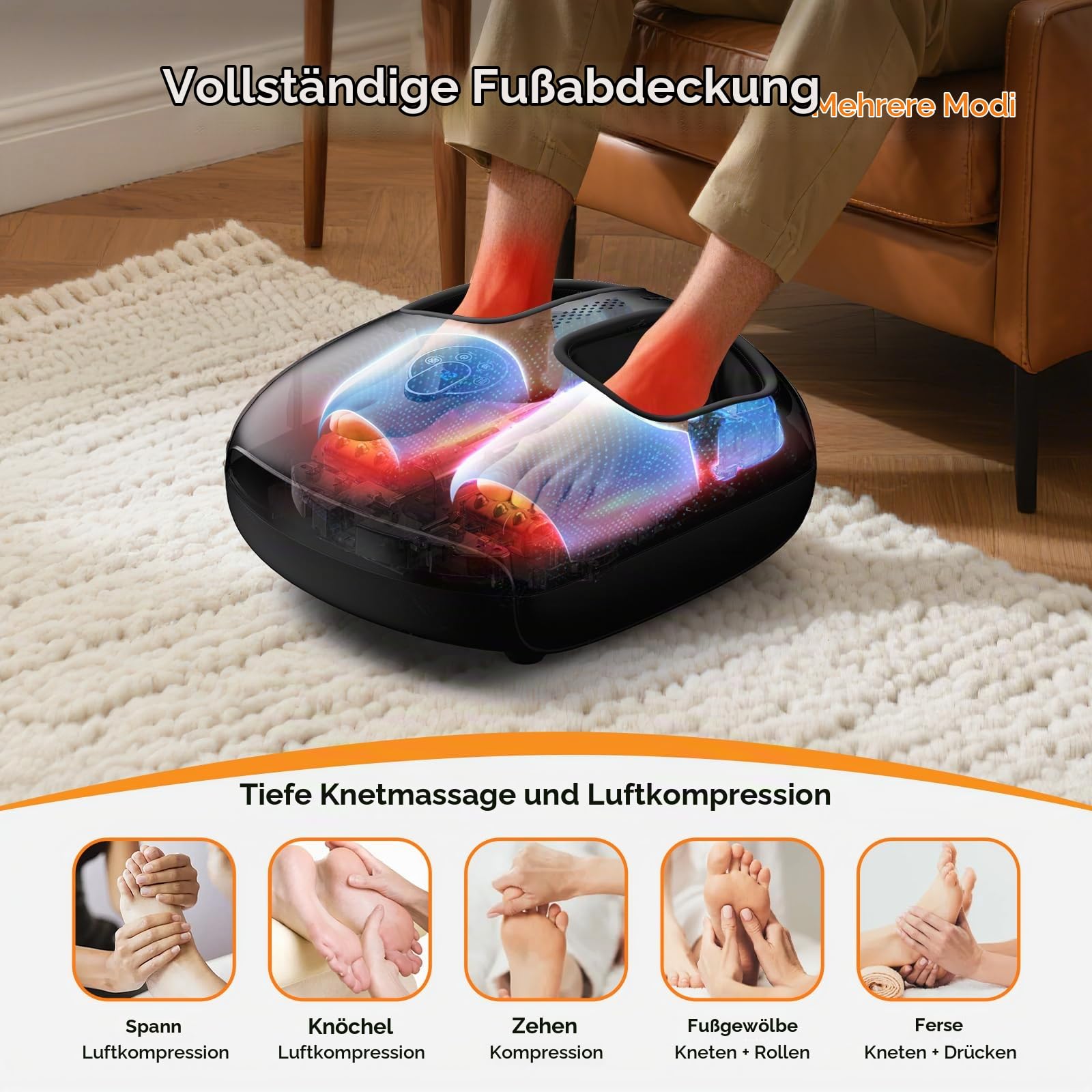HTM Fußmassagegerät, Fussmassagegerät Elektrisch mit Wärmefunktion, Foot Massager mit Fernbedienung, Shiatsu-Tiefenknetmassage, 4 Massagemodi (Vibration/Kompression/Rollen),Bis Schuhgröße 46