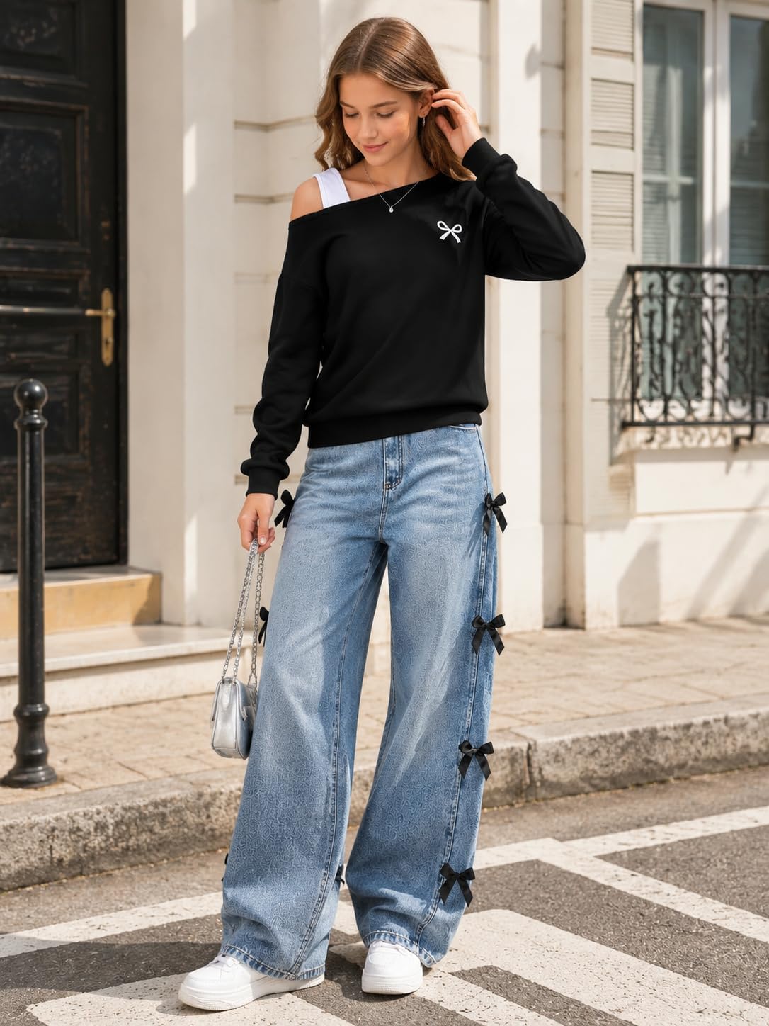 Tween Girl Outfit One Shoulder Sweatshirt and Wide Leg Jeans Set with Bow & Pockets Size 9-14