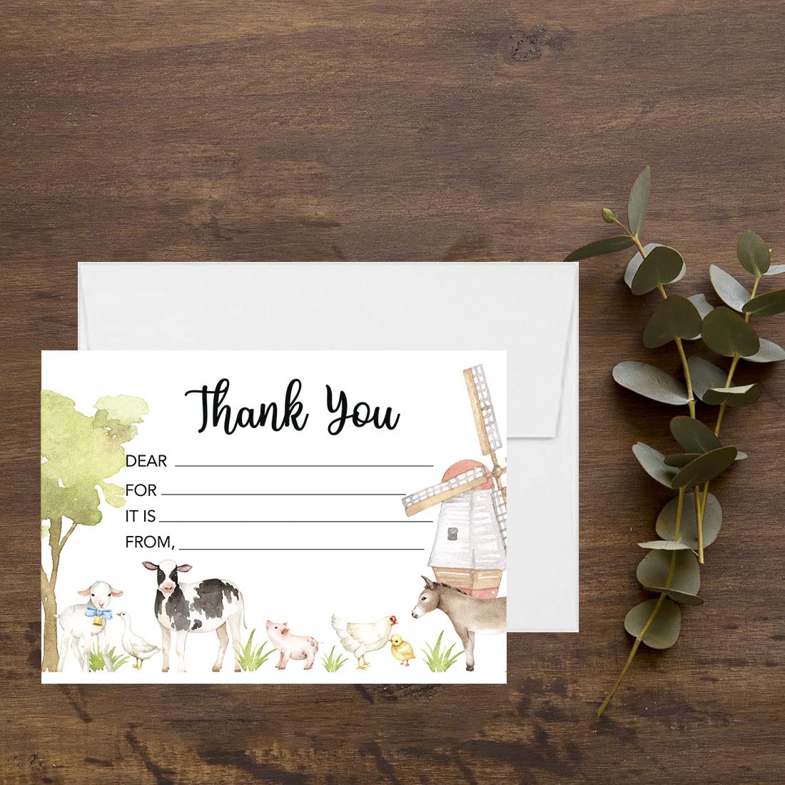 Andaz Press Kids Fill in the Blank Thank You Cards - 20 Cards Including Envelopes Farm Animals Gender Neutral Note Cards For Boys Girls Birthday Thank You Notes for Friends, Family Party Guests