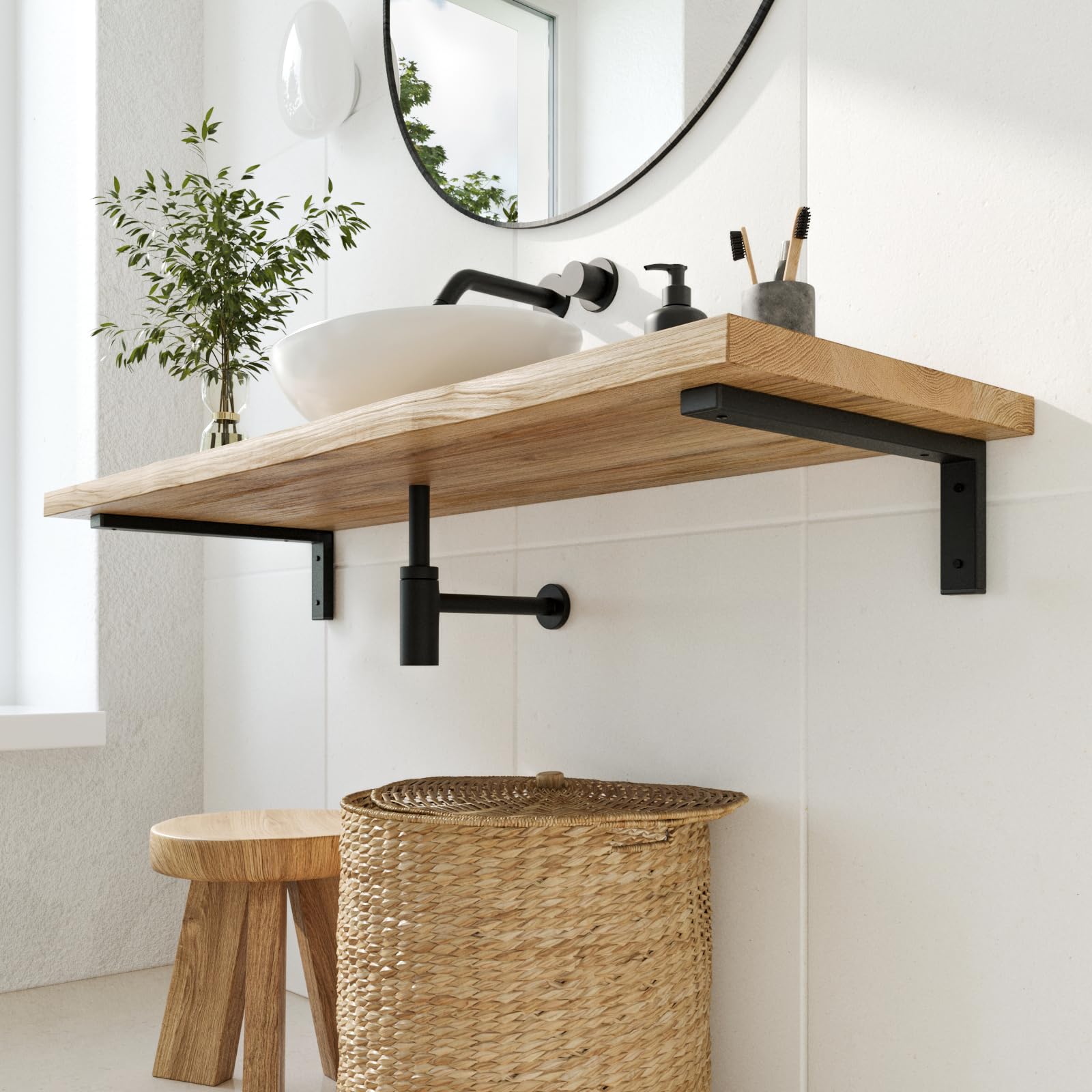 HEVVA Waschtischhalterung 20/25/30/35/40/45 cm | MAIN | Aufsatz-Waschbecken Halterung, Schwerlastträger, Wandkonsole, Waschtischplatte Unterbau | (2er Ser - Schwarz, 25 cm)