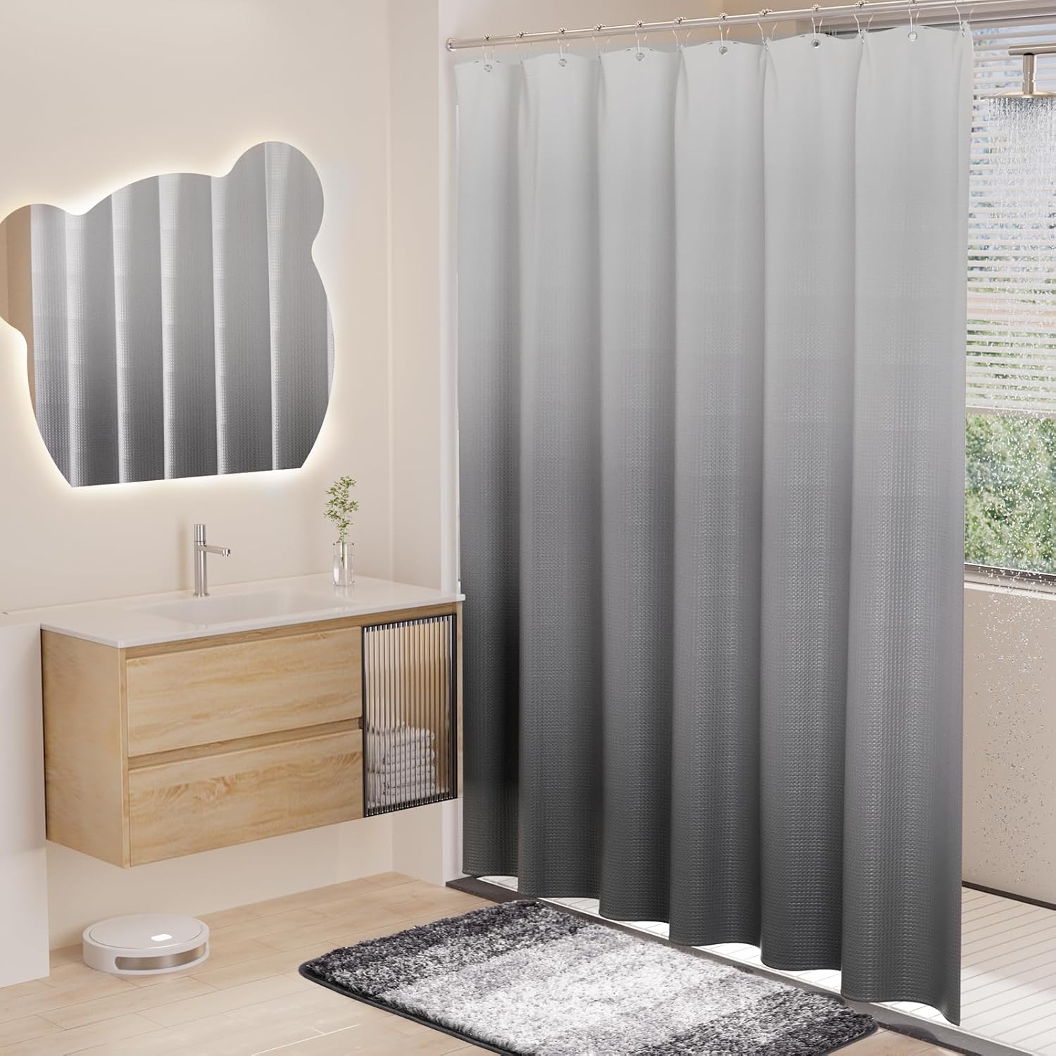 15 Pcs Shower Curtain Set Grey Bathroom Sets with Shower Curtain and Rugs Ombre Waterproof Thicken Waffle Shower Curtain with 2 Piece Non-Slip Luxury Bathroom Rugs and 12 Hooks for Bathroom Decor
