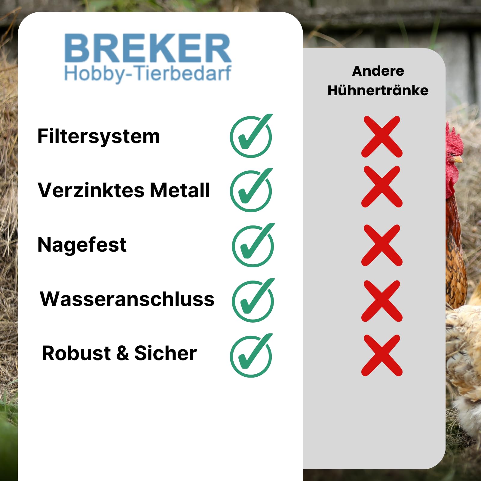 Breker Automatische Hühnertränke Metall 10 Liter [mit FILTERSYSTEM] - Selbstbefüllende Geflügeltränke -Wasserspender - Trinkbrunnen für Tiere - Ideal für Hühner, Gänse, Enten - Leichte Reinigung