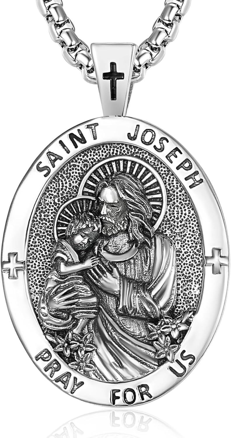 Patron Saint Medals Amulet Necklace 925 Sterling Silver Protection Jewelry for Men with 2.5mm 22"+2" Round Box Chain