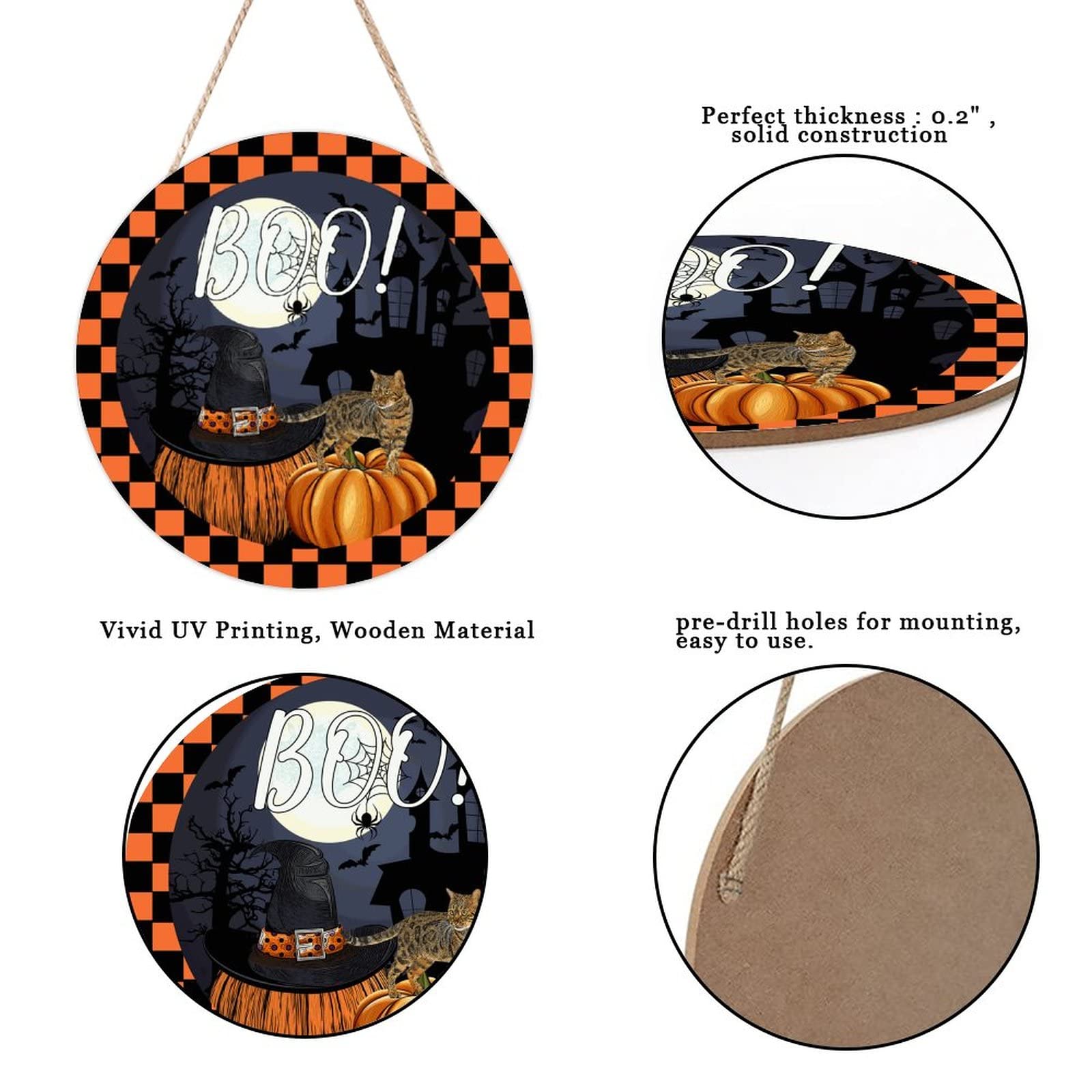 Panneau Porte "Happy Halloween" En Bois - Décoration Extérieure/Intérieure 20x20 Cm - Motifs Citrouille & Fantômes