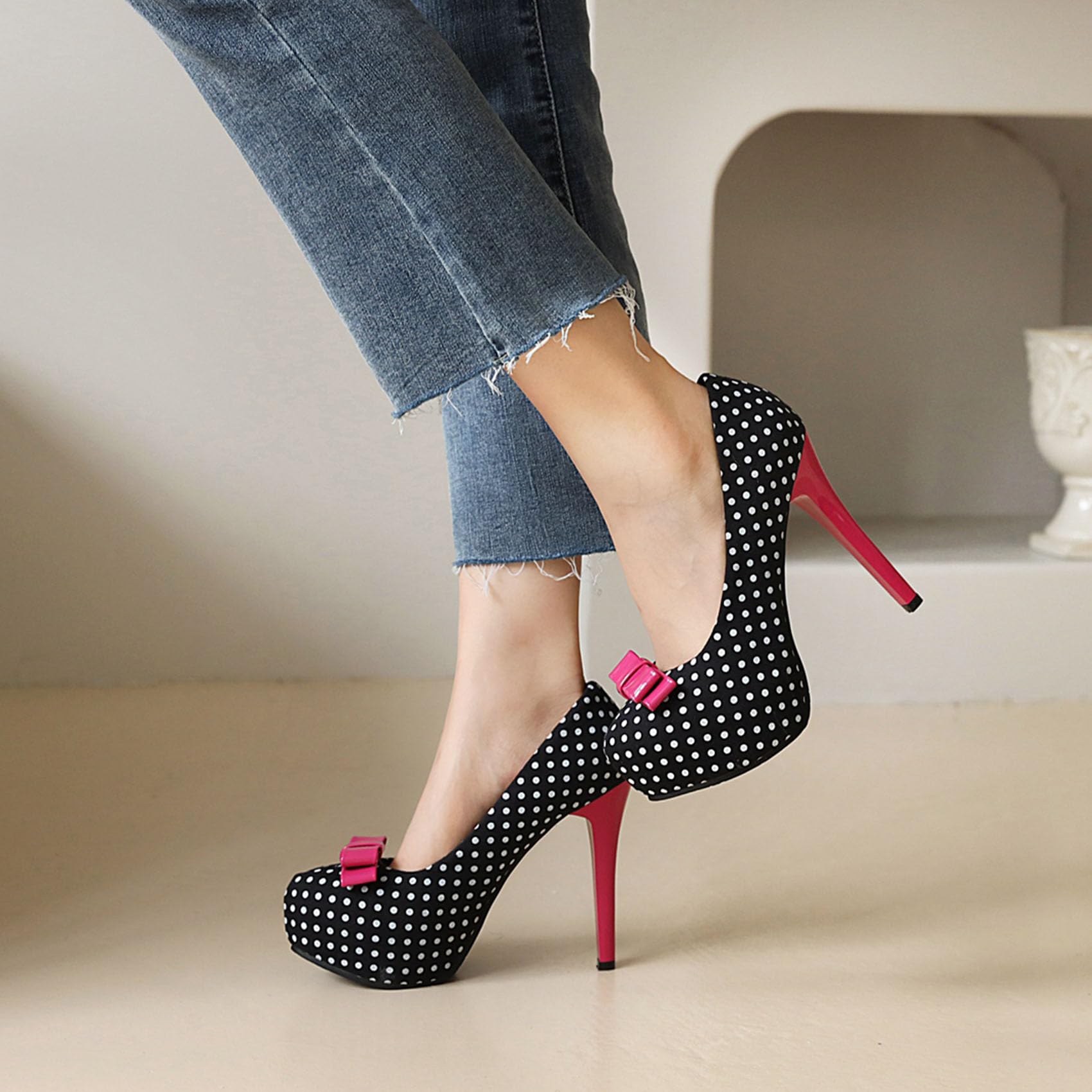 KOKOMOMO Womens Polka Dot High Heels Round Toe Platform Stiletto Pumps with Bows: 10 Black