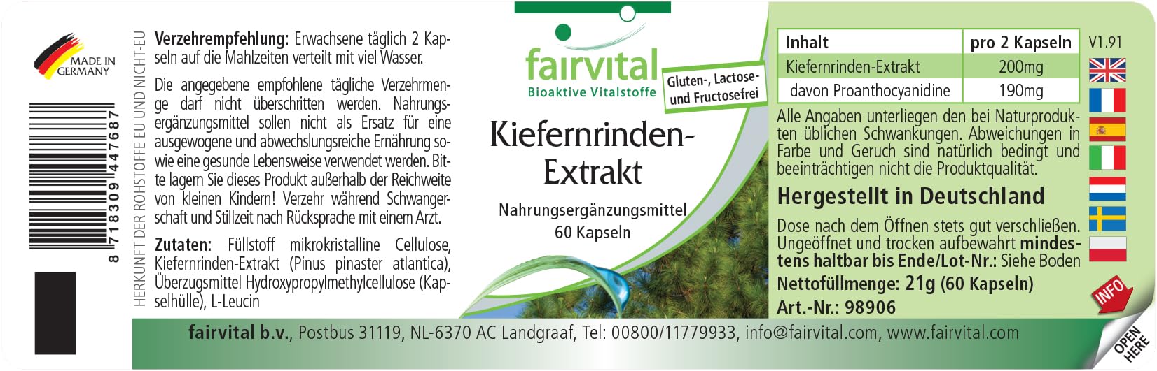 Fairvital | Estratto di corteccia di pino 100 mg - 180 capsule (60 x 3) - ad alto dosaggio - Pinus pinaster atlantica - 95% proantocianidine - VEGAN