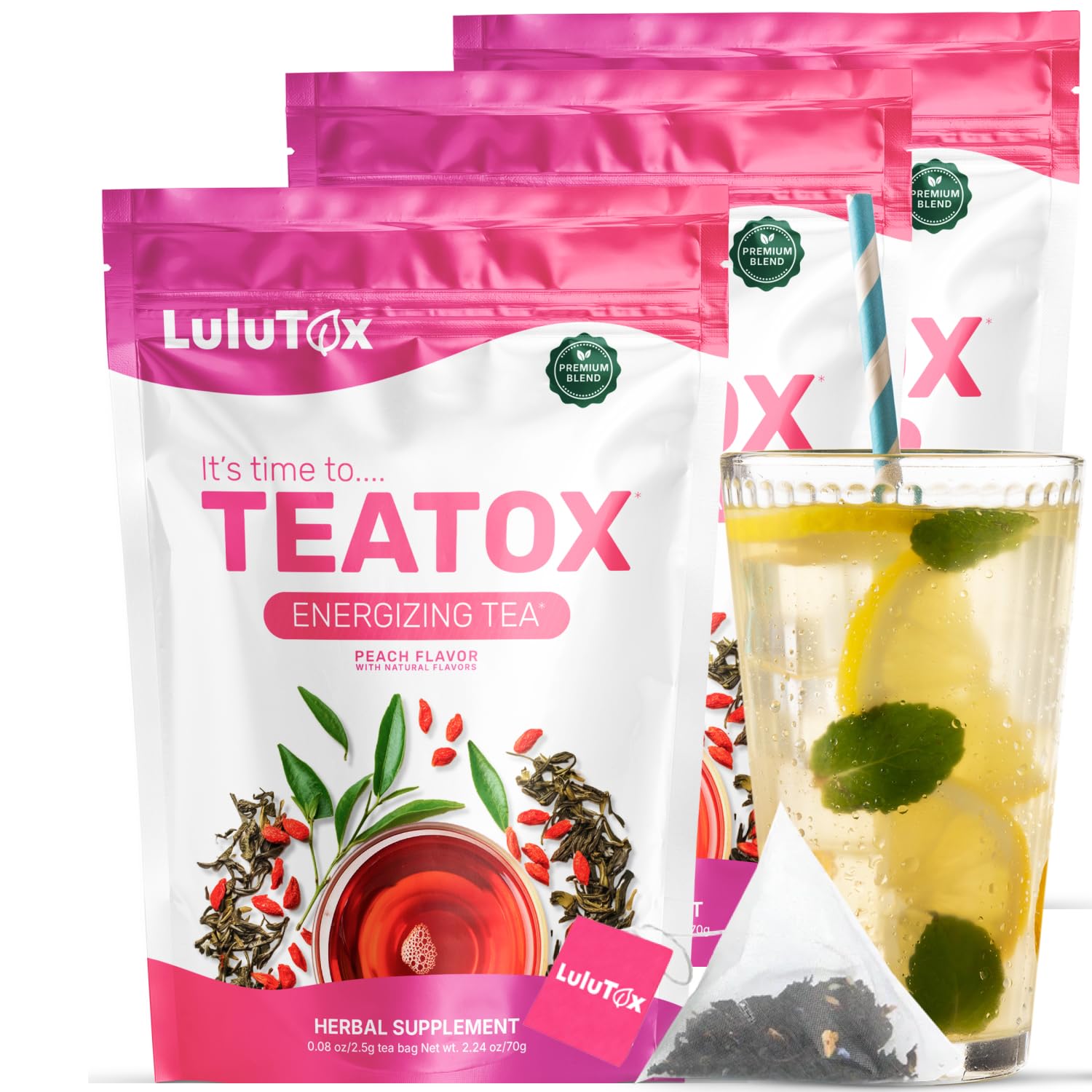 LULUTOXDetox Tea - Herbal Blend with Dandelion, Ginseng, and Ginger - Supports A Healthy Weight, Digestive Health - Vegan, All Natural, Laxative-Free - Peach Flavor (3 Pack x 28 Servings)