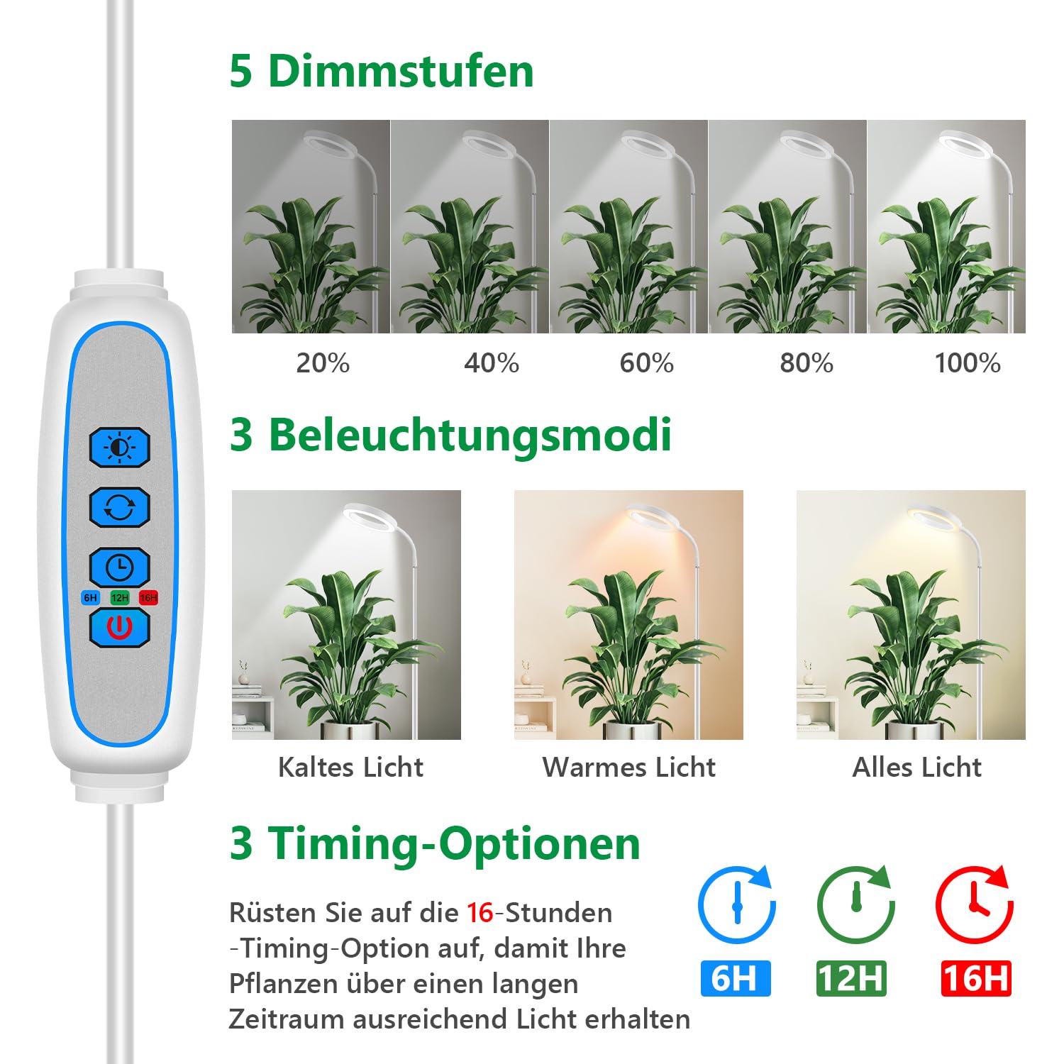 Aumtrly Pflanzenlampe LED Vollspektrum, 170cm Höhenverstellbar Grow Lampe Stehend, Weiß LED Pflanzenlicht mit 6/12/16H Timer, 5 Helligkeitsstufen, 3 Farbmodi Wachstumslampe für Hohe Pflanzen