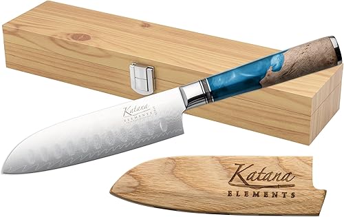 Grunwerg - Elements Collection - Cuchillo Santoku de 4.7 in, cuchillas de acero Damasco VG-10 Premium, mango de madera de olivo y resina, funda y
