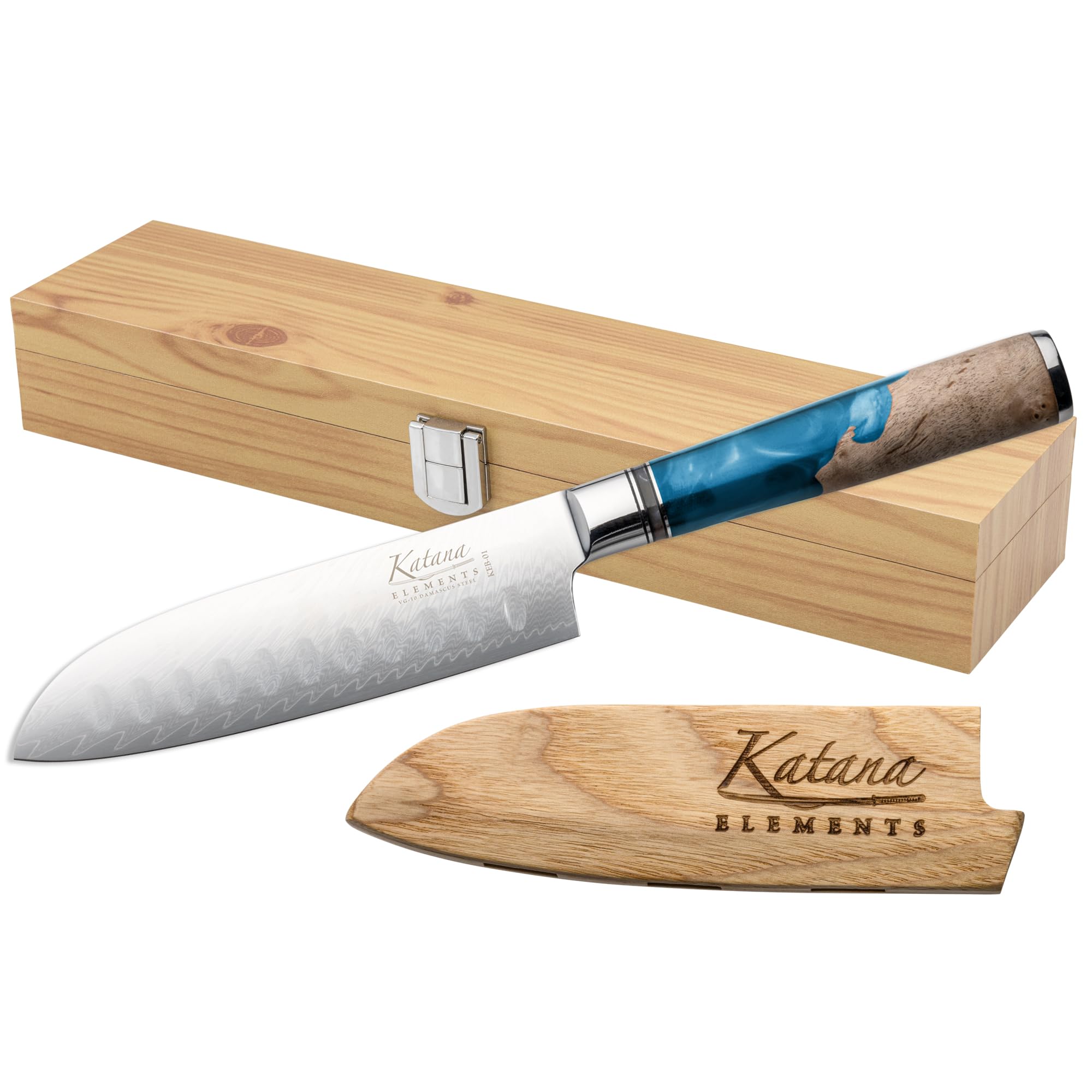 Katana Saya Elements 12cm Santoku Knife, Ocean Blue, Japanese 67-Layer VG-10 Damascus Stainless Steel, Natural Olivewood and Resin Handle, Japanese Style Kitchen Knife