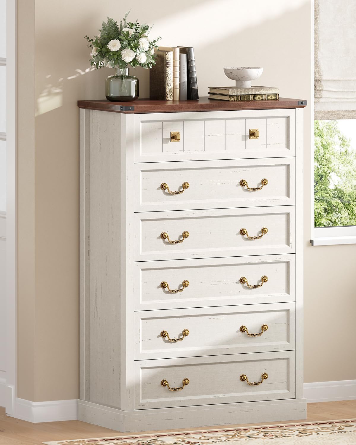 AOGLLATI Farmhouse Dresser with 6 Drawers, 51.2”Tall Wooden Rustic Chest of Drawers with Natural Texture, Vintage Design, Bedroom Dressers with Drawers for Bedroom, Antique White - Image 6
