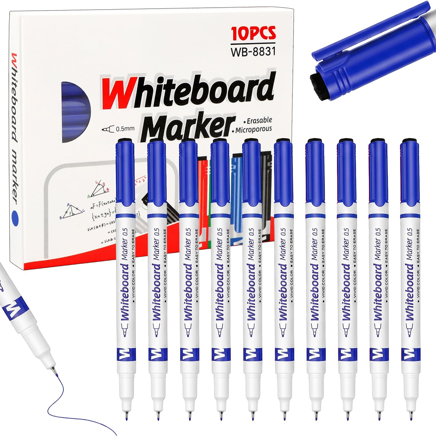 MOTIBACK Whiteboard Pens, 10 Pack Blue Fine Tip 0.5mm Dry Erase Markers, Low-Odor White Board Pens Colour, Erasable Whiteboard Markers for Office — image 1