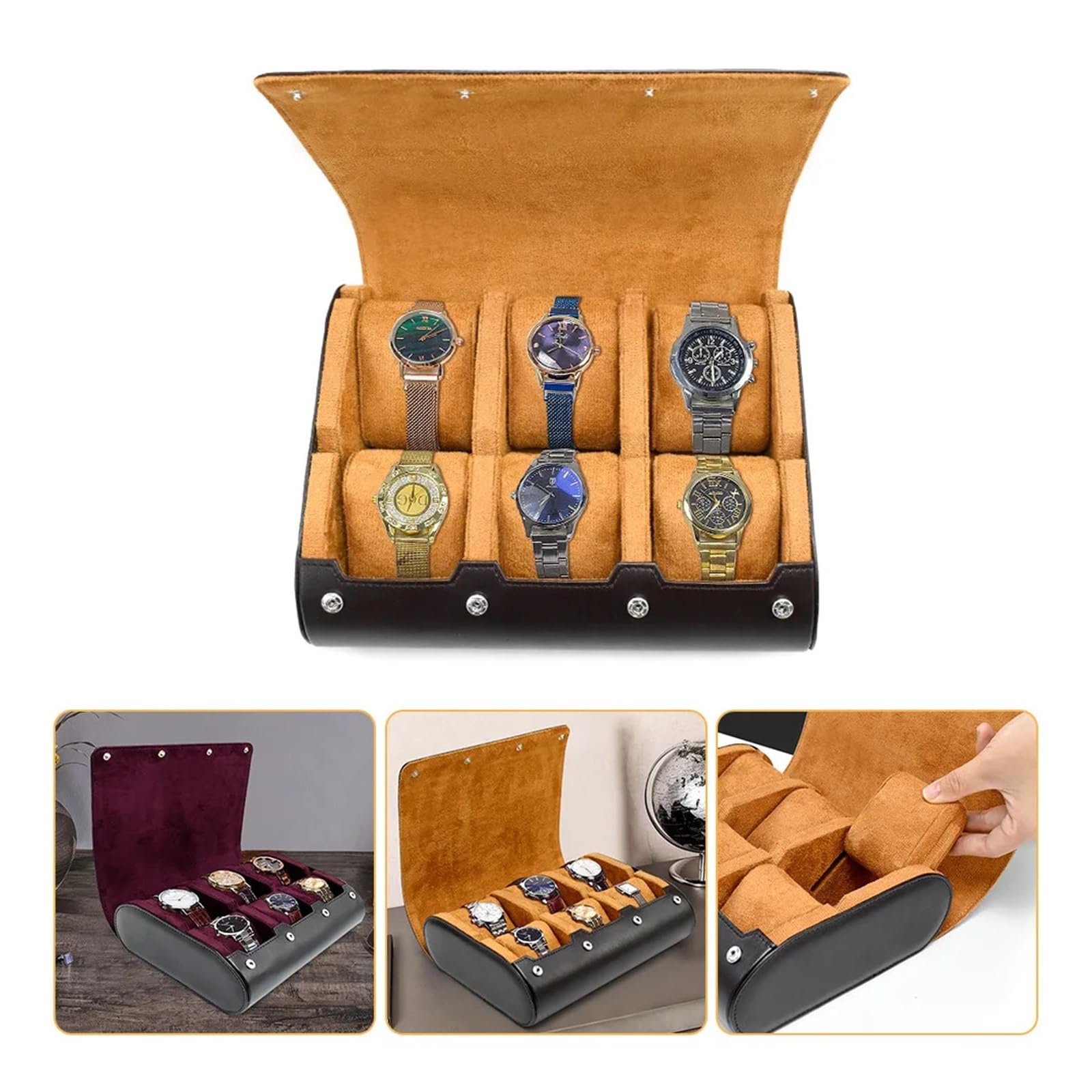 1 x Uhrenrollen-Reiseetui mit 6 Fächern | Uhrenrollen-Reiseetui mit 6 Fächern, tragbare Armbanduhr-Organizer-Ausstellungsbox for Männer und Frauen(Wind Red)