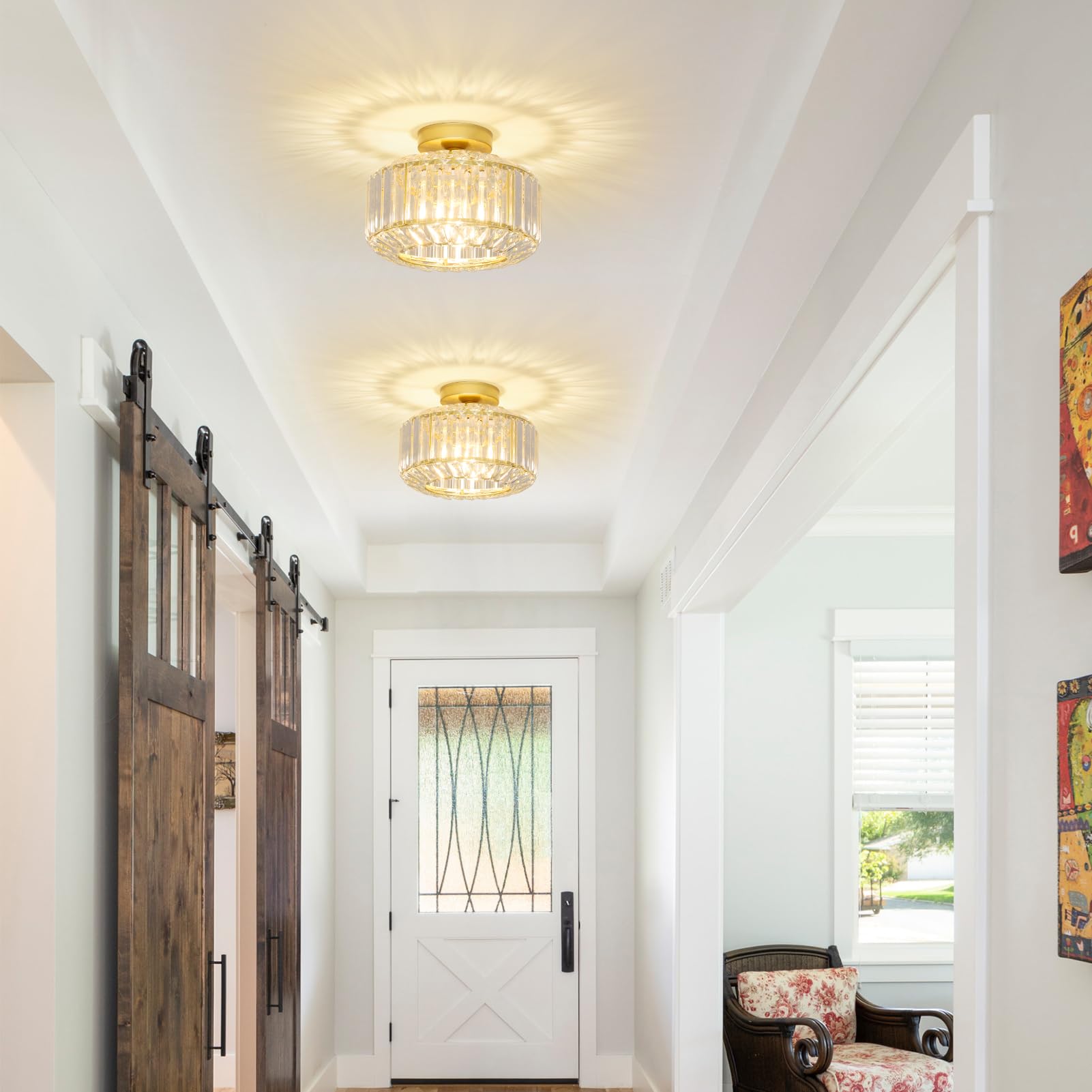 Gold Deckenlampe Wohnzimmer, Kristall Deckenleuchte Wohnzimmer, Deckenlampe Schlafzimmer mit Glas Lampenschirm, Gold Kronleuchter, Modern Kristall Kronleuchter für Esszimmer Flur Küche