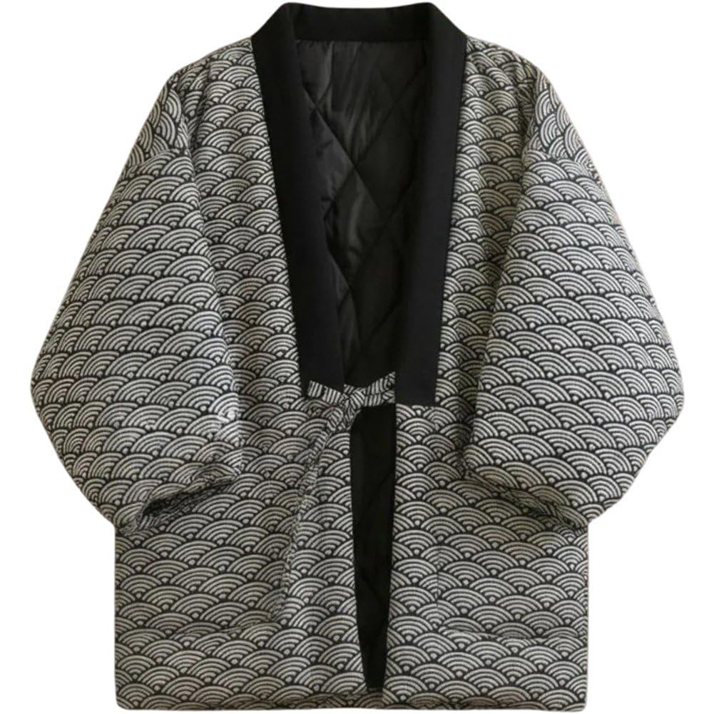 Japan Style Wave Printed Warm Japanese Jackets Casual Open Front Coat Traditional Hanten Coat Fashion Quilted Coat