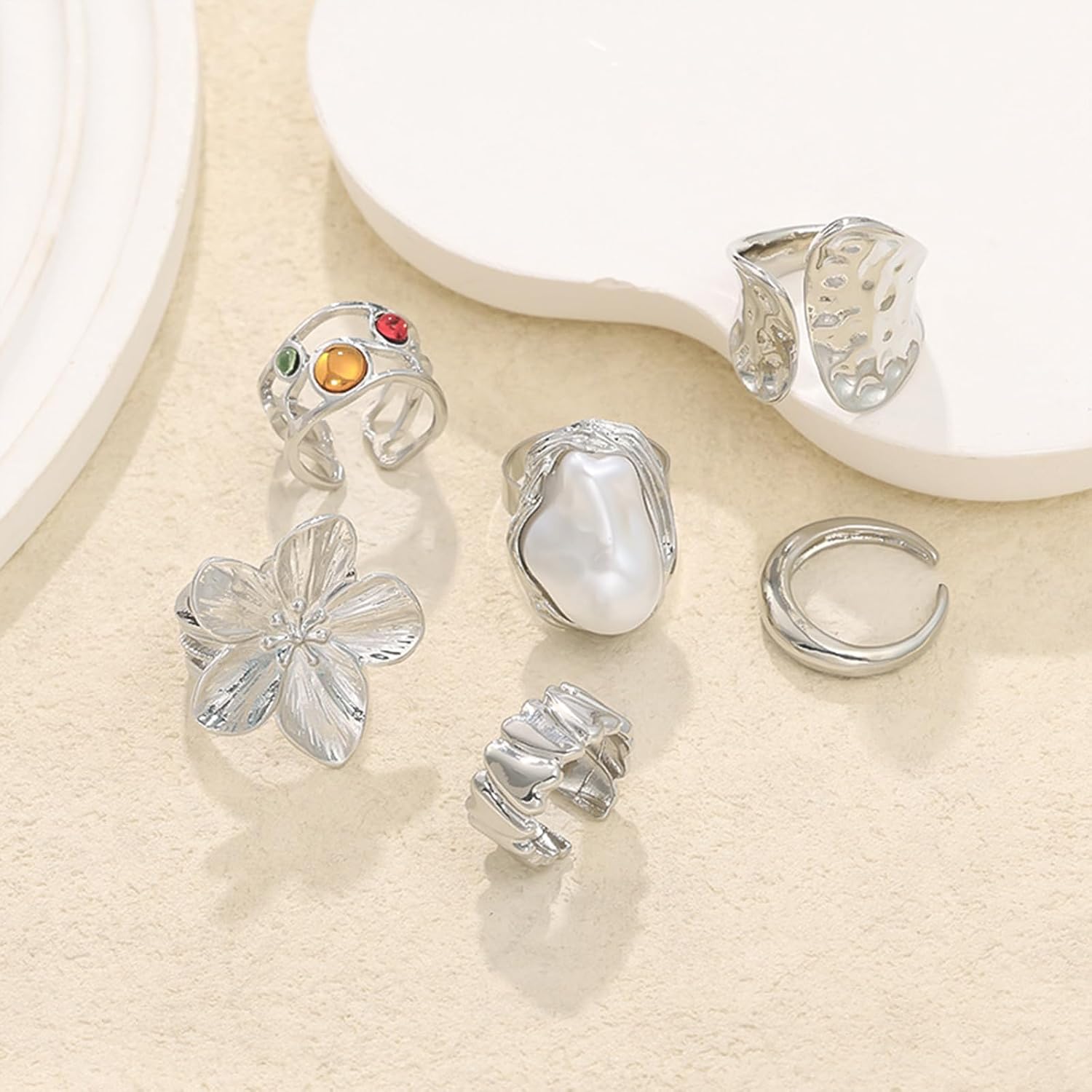 Chunky Gold Silver Rings Set for Women Vintage Knuckle Statement Rings Stacking Flower Crystal Baroque Pearl Ring Adjustable Open Band Ring Statement Jewelry Gifts - Image 5