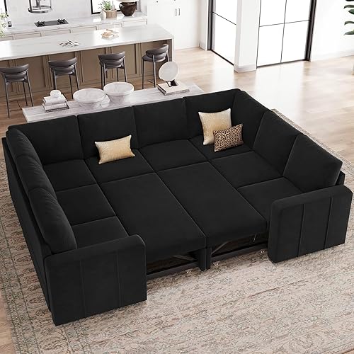 Belffin Modular Sectional Sleeper Sofa Bed with Pull Out Couch, Oversized U Shaped Modular Sleeper Couch with Double Pull Out Bed, Convertible Sectional Couches for Living Room, Black