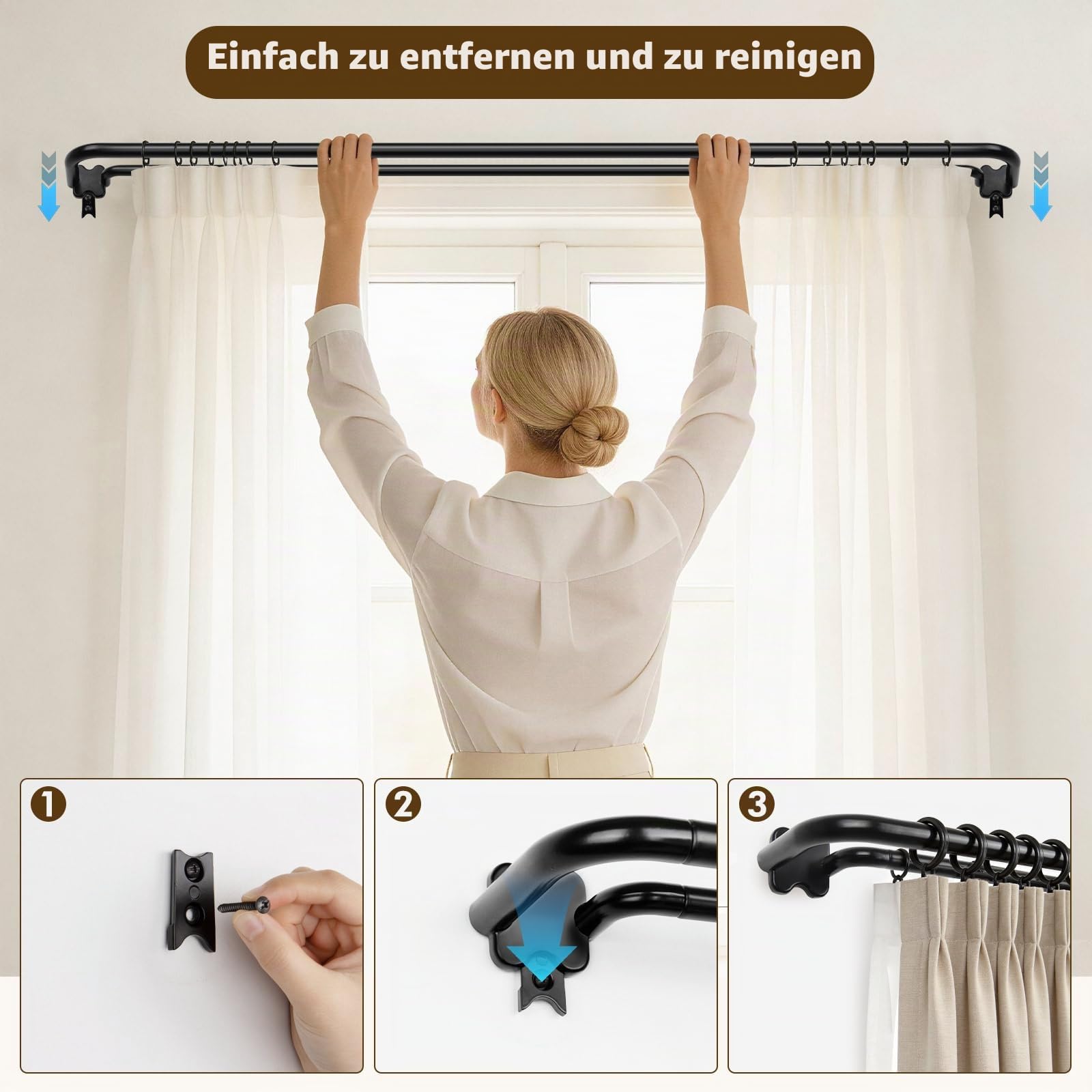 USFOOK Gardinenstange 2 Läufig 80 bis 292 cm, 19 mm Vorhangstange Schwarz | Gardinenstange doppelt modern, Vorhangstange doppelt Metall, mit gebogenen Endstück, für Flächenvorhang Schiebegardinen