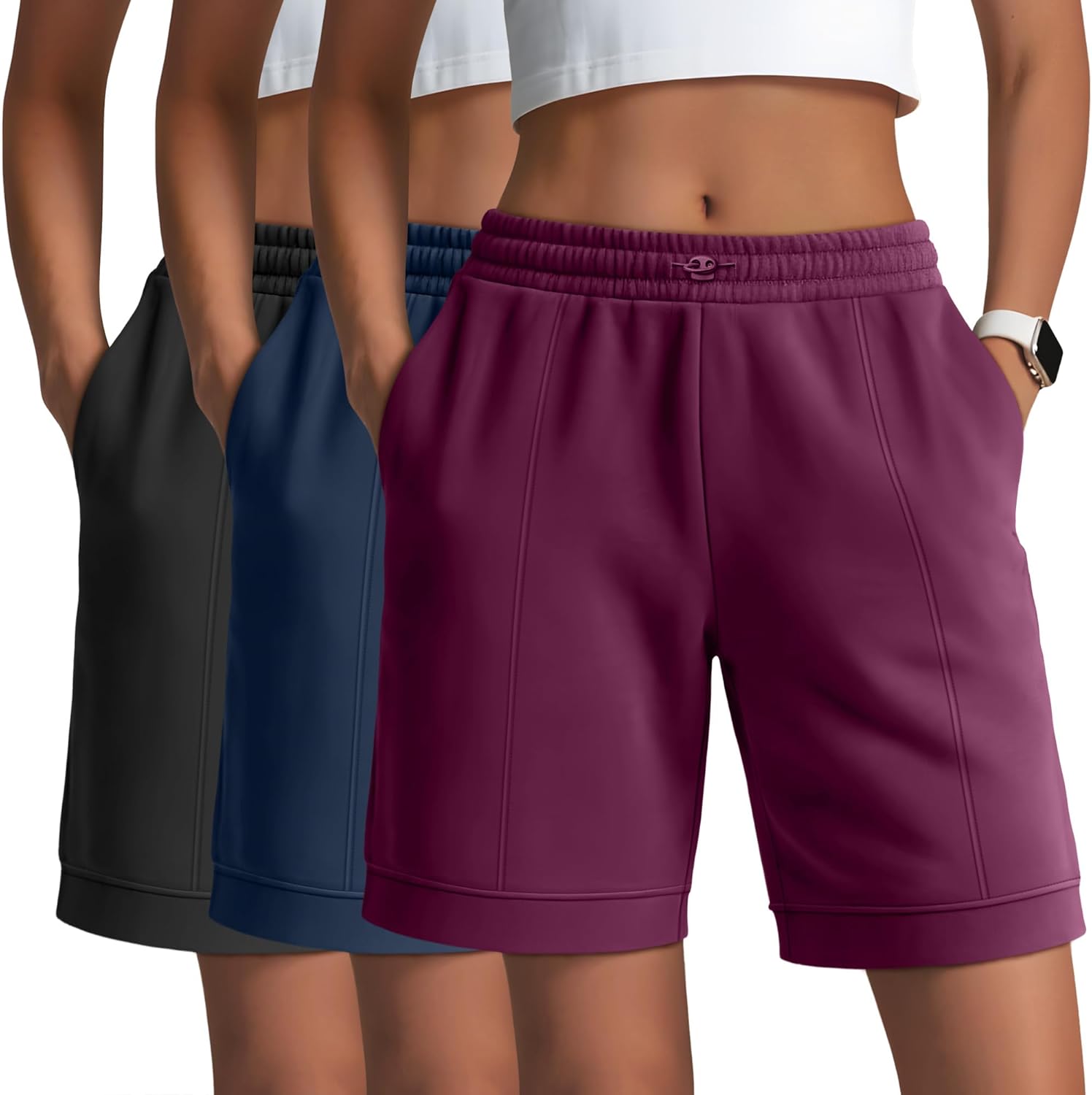 3 Pack Women’s Athletic Drawstring Shorts Bermuda Long Sweat Short High Waist 9 Inch Loose Casual Pants with Pockets