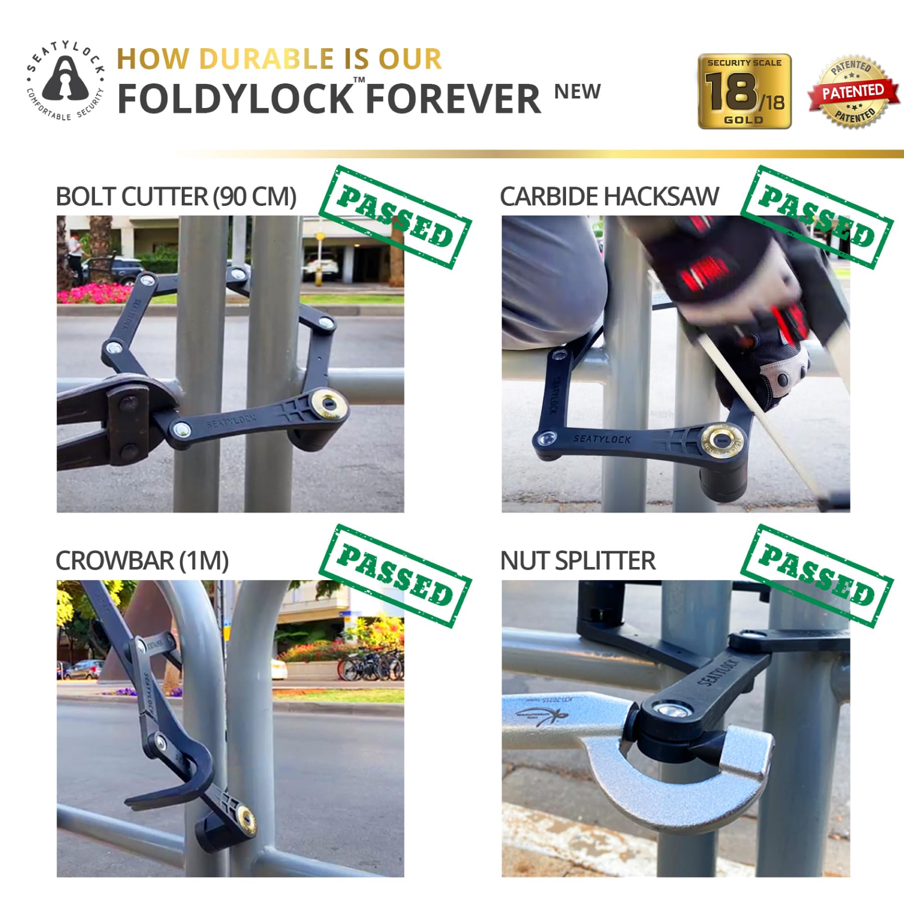 FoldyLock Forever, lucchetto pieghevole per bicicletta, elegante, brevettato, ad alta sicurezza, classificato oro, resistente, antifurto, con chiavi e supporto per custodia per e-bike da città, 90 cm