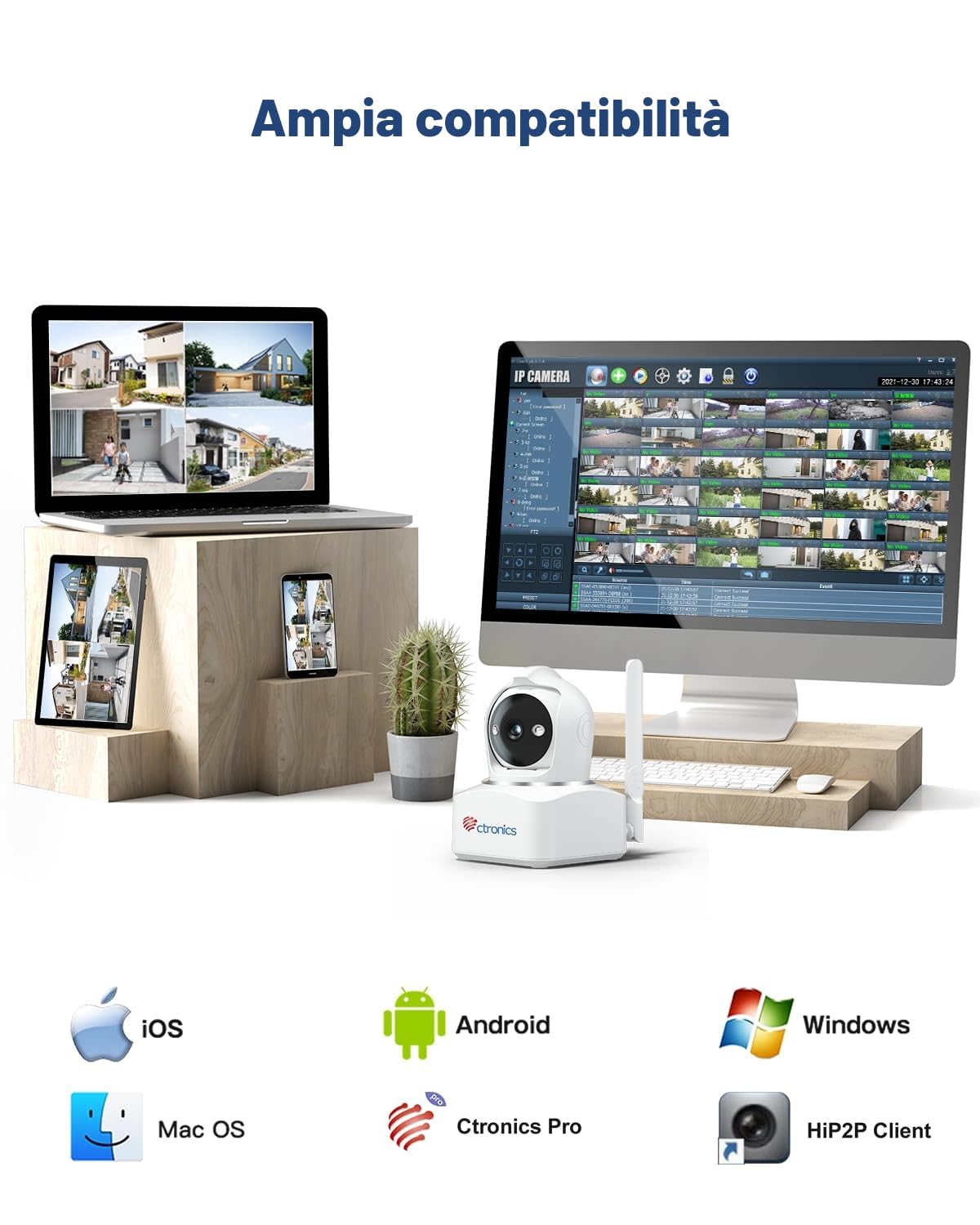 ctronics 4MP 3G/4G LTE Telecamera Interno con Scheda Sim, 360° PTZ Videocamera Sorveglian Senza WiFi, Visione Notturna a Colori, Rilevamento Umano/Movimento, Tracciamento Auto, Audio 2 Vie, Cloud