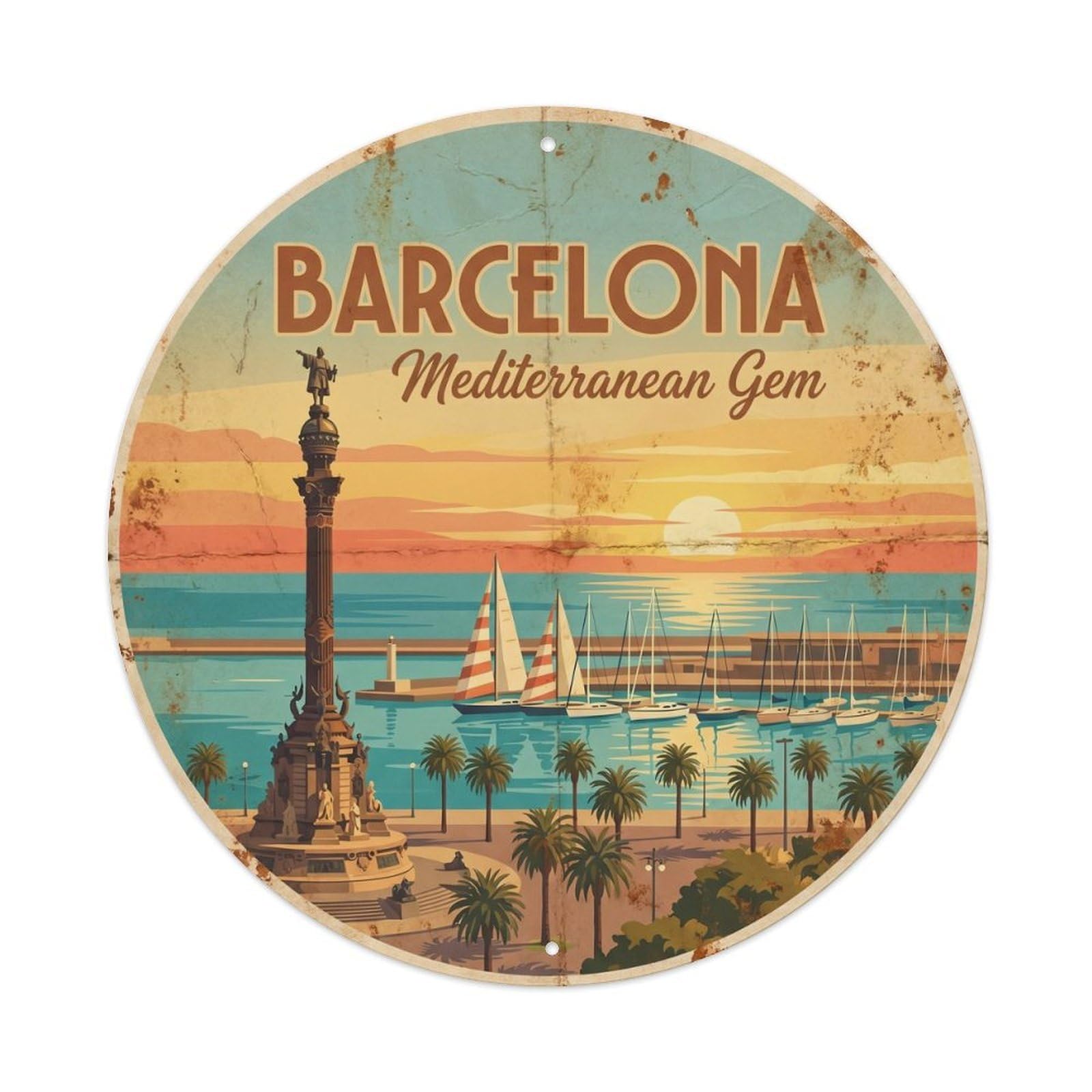 Vintage Travel Barcelona Waterfront Mediterranean Scenic Metal Tin Sign Plaque Wall Decor for Cafe, Club, Garden Round Metal Poster 8x8Inch