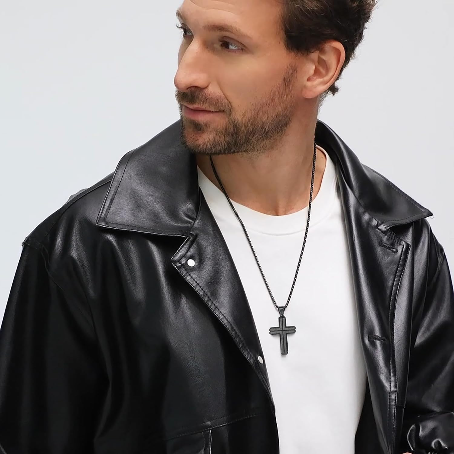 Wooden Cross Necklace for Men, Natural Ebony Mens Cross Necklaces Black Stainless Steel Christian Wood Crucifix Pendant，with Necklace 24" Box Chain