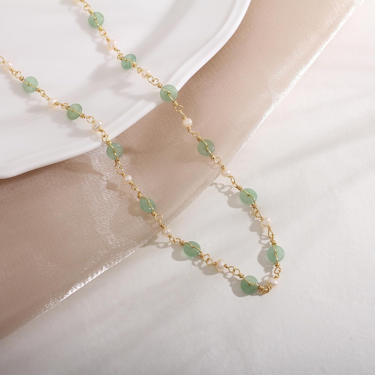 14K Gold Plated Natural Jade & Pearls Necklaces for Women, Natural Freshwater Pearls Jade Pendant Lucky Green Jewelry Chain for Women Lover (14K Gold Plated) - Image 5